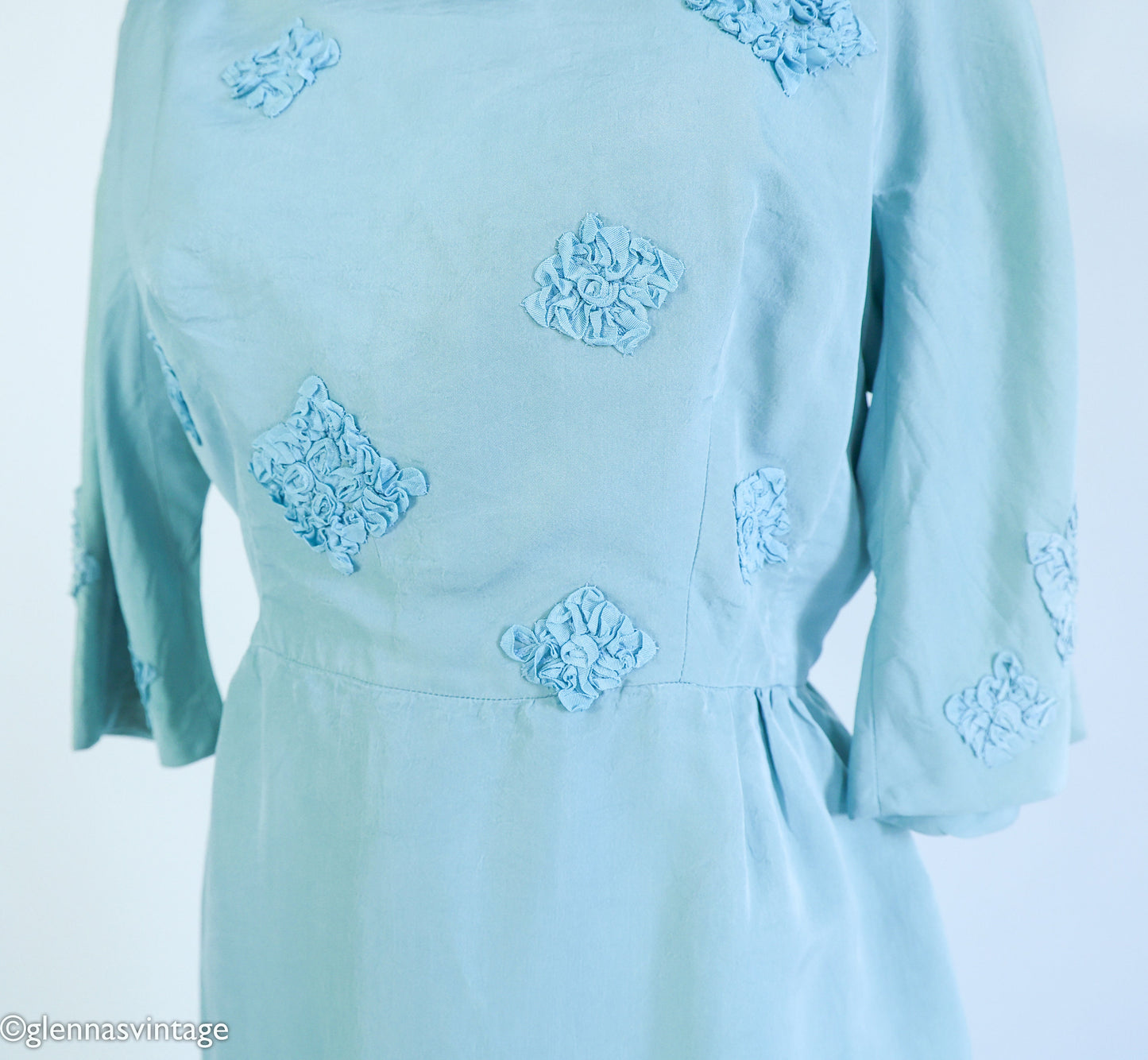 1950s Turquoise Silk Cocktail Dress | Rosette Bodice, Large