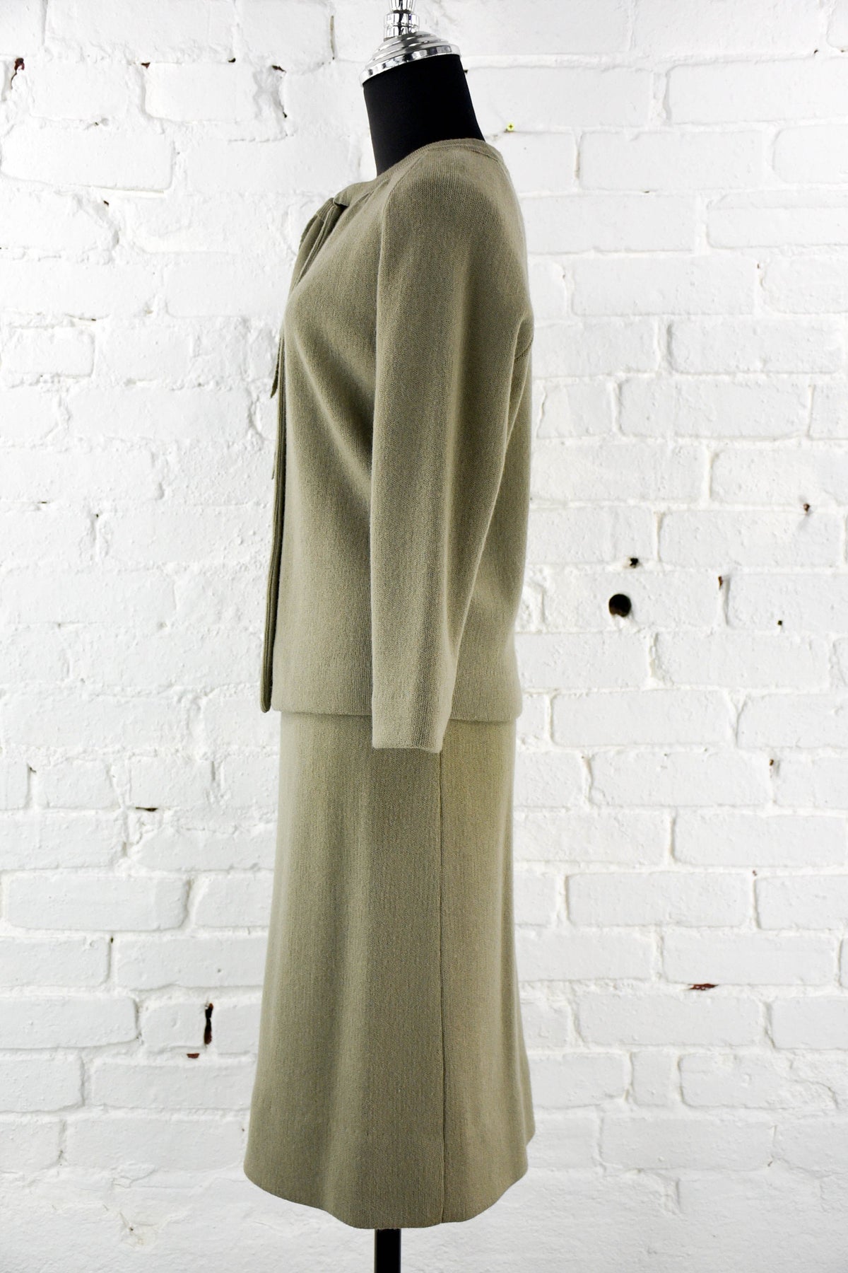1960s Sage Green Wool Knit Skirt Suit: Mohair Blend, Medium
