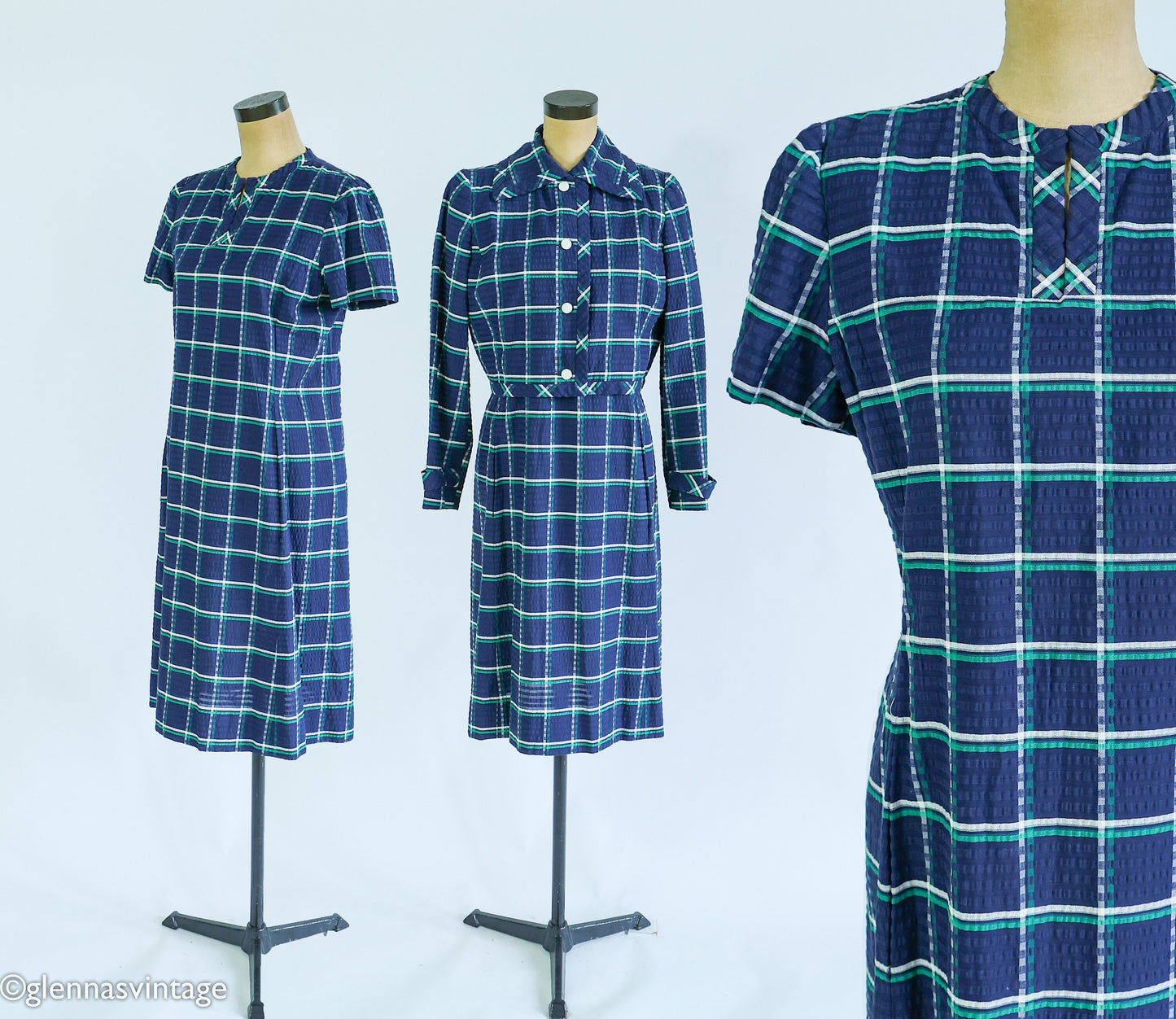 1960s Blue Plaid Dress & Jacket | Navy Seersucker Set, Large