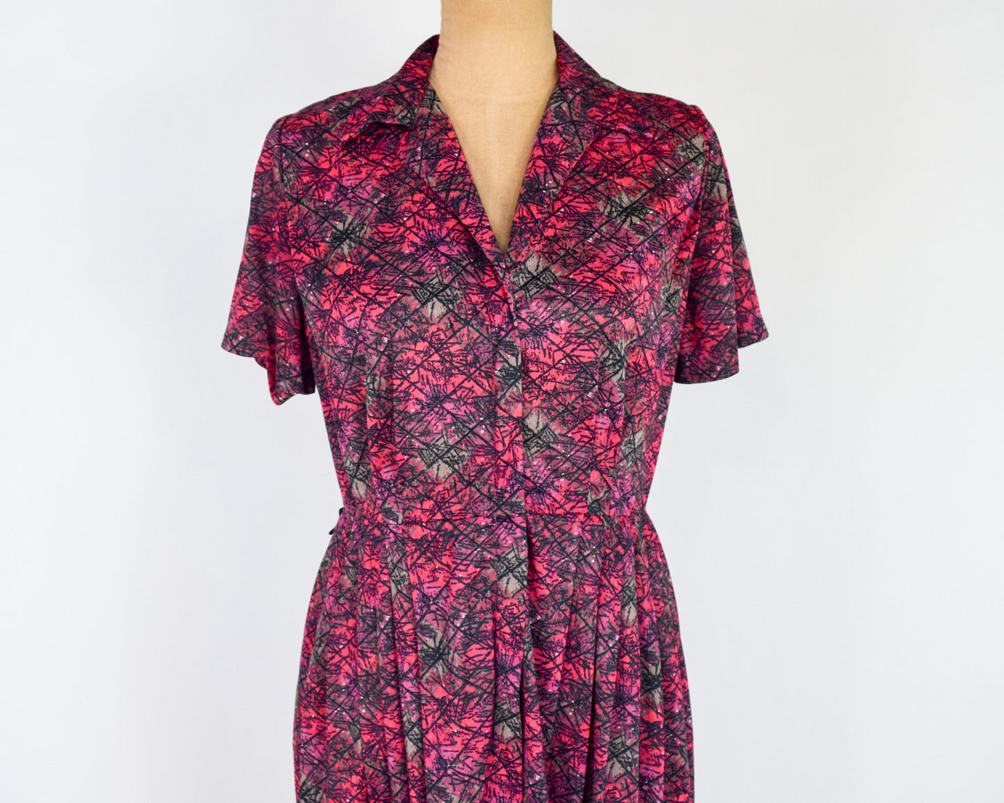 1950s Pink & Gray Atomic Print Nylon Dress, Medium