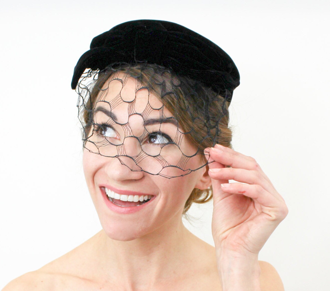 Mr John Classic Black Velvet Pillbox Hat 1950s