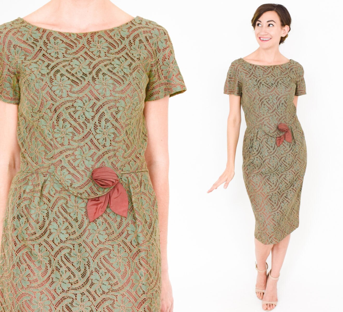 1950s Olive Green Lace Cocktail Dress, Medium