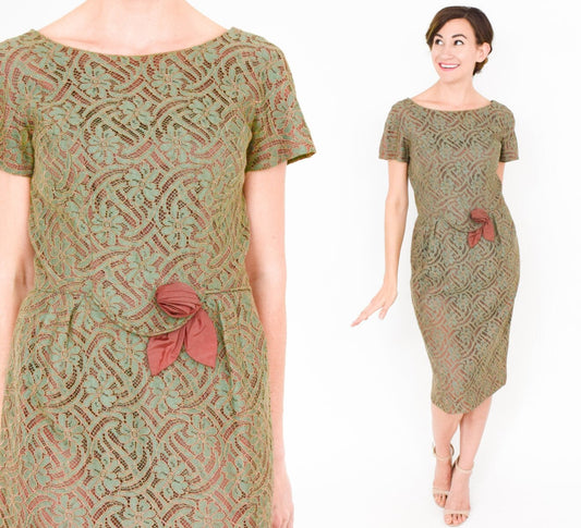 1950s Olive Green Lace Cocktail Dress, Medium