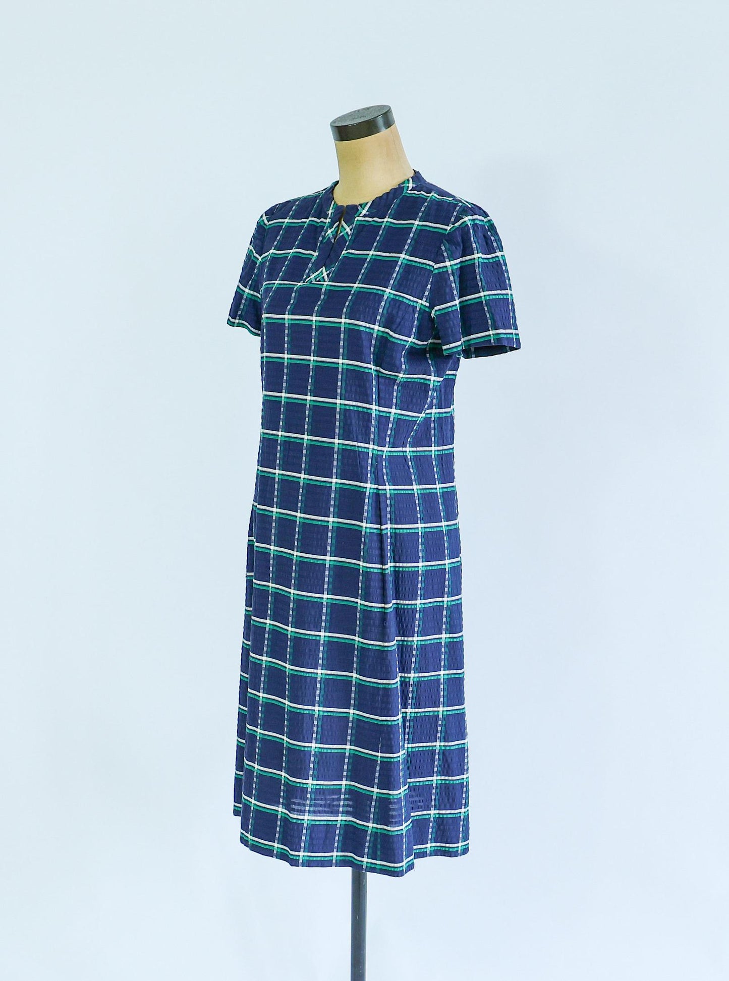 1960s Blue Plaid Dress & Jacket | Navy Seersucker Set, Large