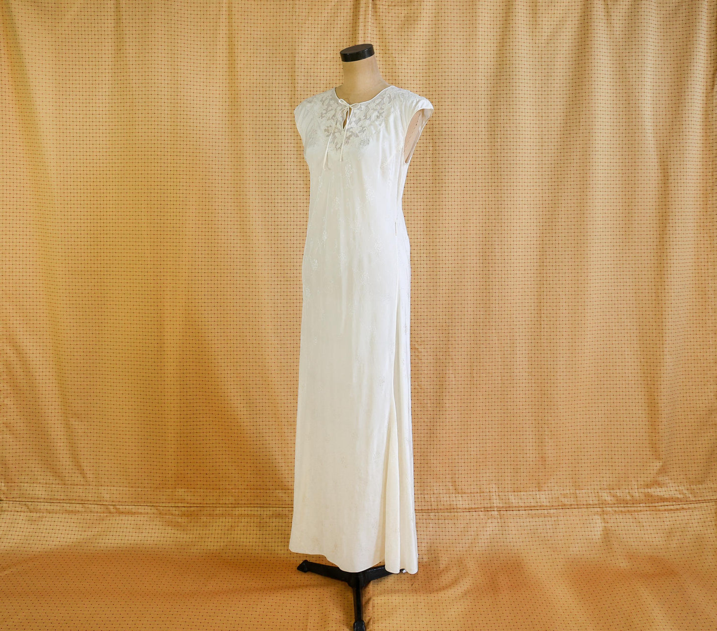 1940s Ivory Silk Nightgown, White Bias Cut Long Dress, Medium