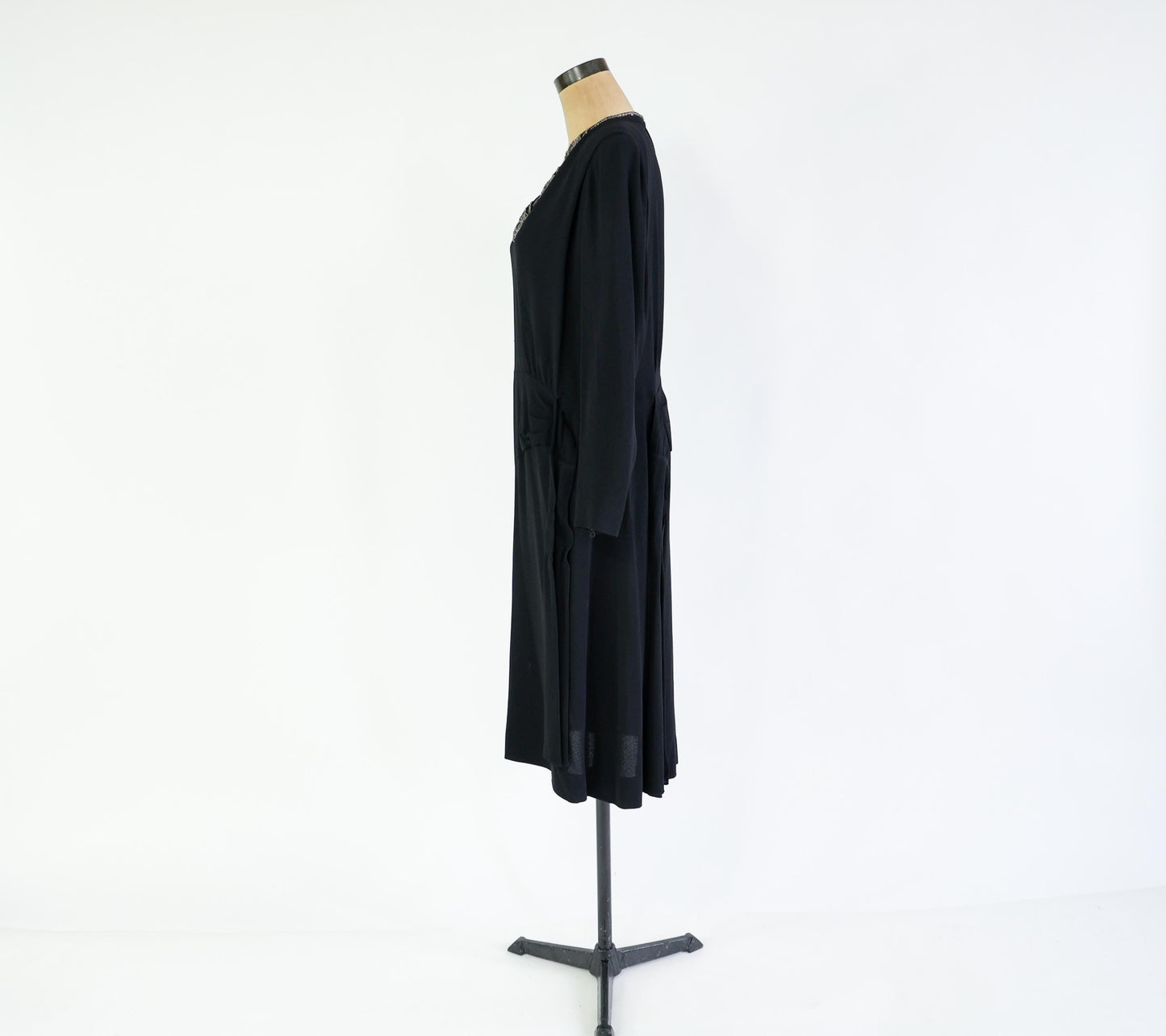 1940s Black Dress with Beaded Neckline, Extra Large, 36" Waist