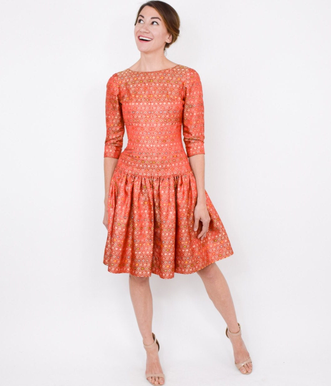 1950s Orange Silk Brocade Party Dress | Drop Waist, XS