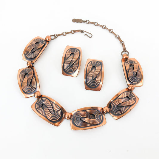 1950s Copper Necklace & Earrings Jewelry Set