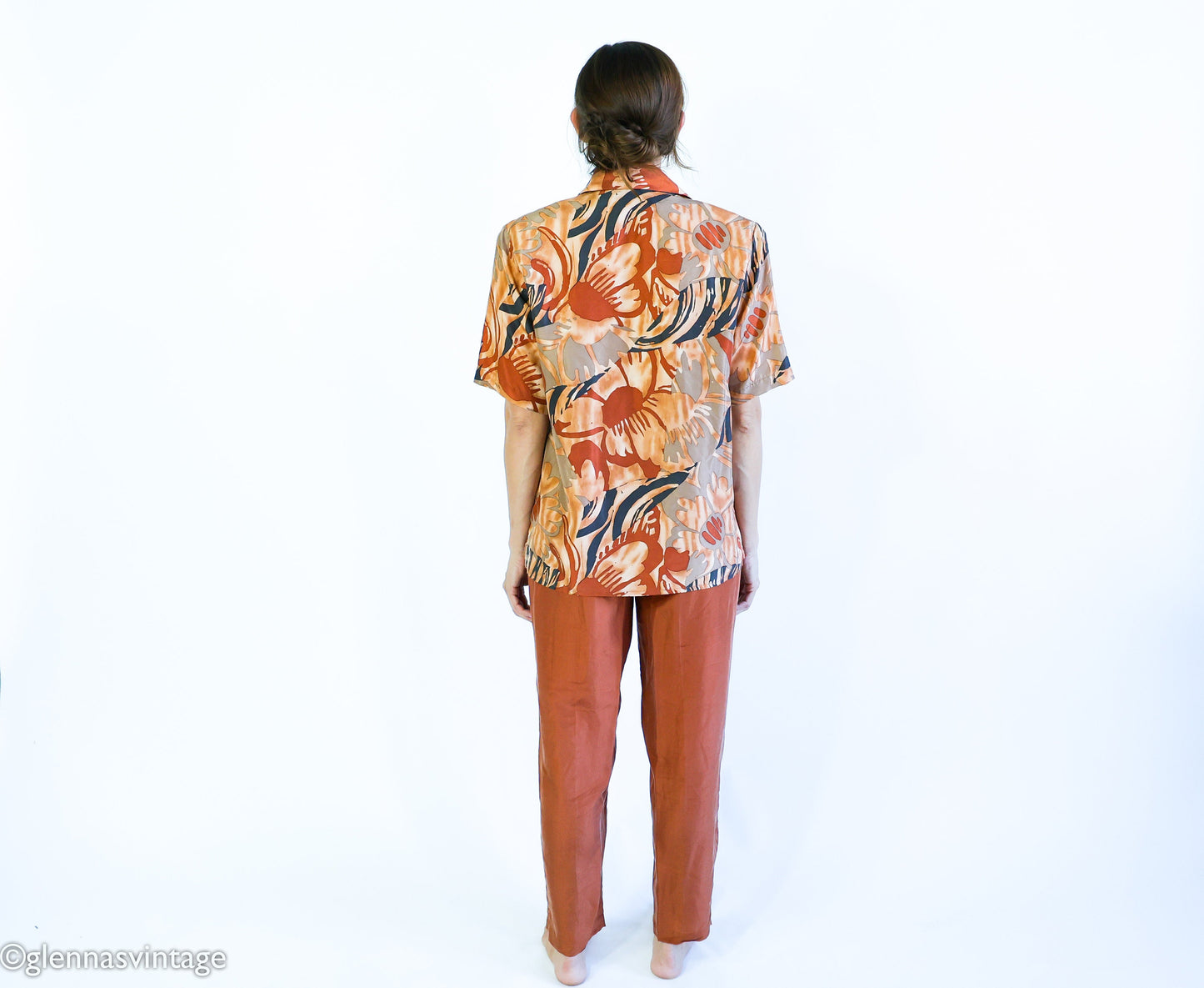 1980s Brown Silk Top Pants Set | 80s Brown Floral Blouse & Slacks | La Chine | Medium