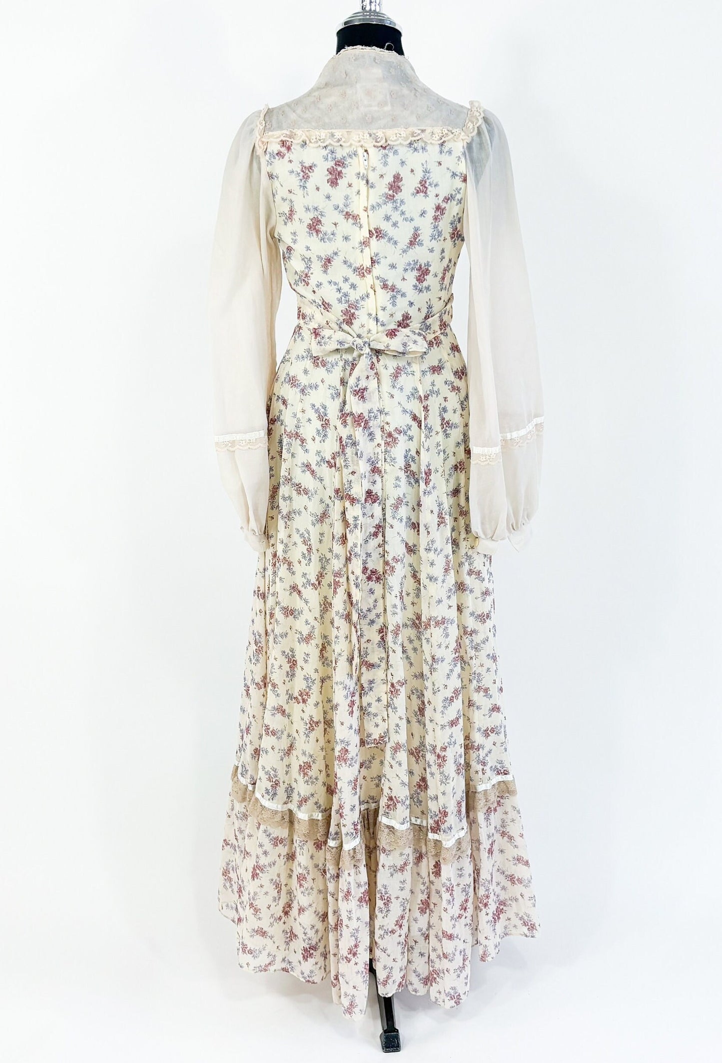 1970s Beige Gunne Sax Floral Maxi Dress, XS