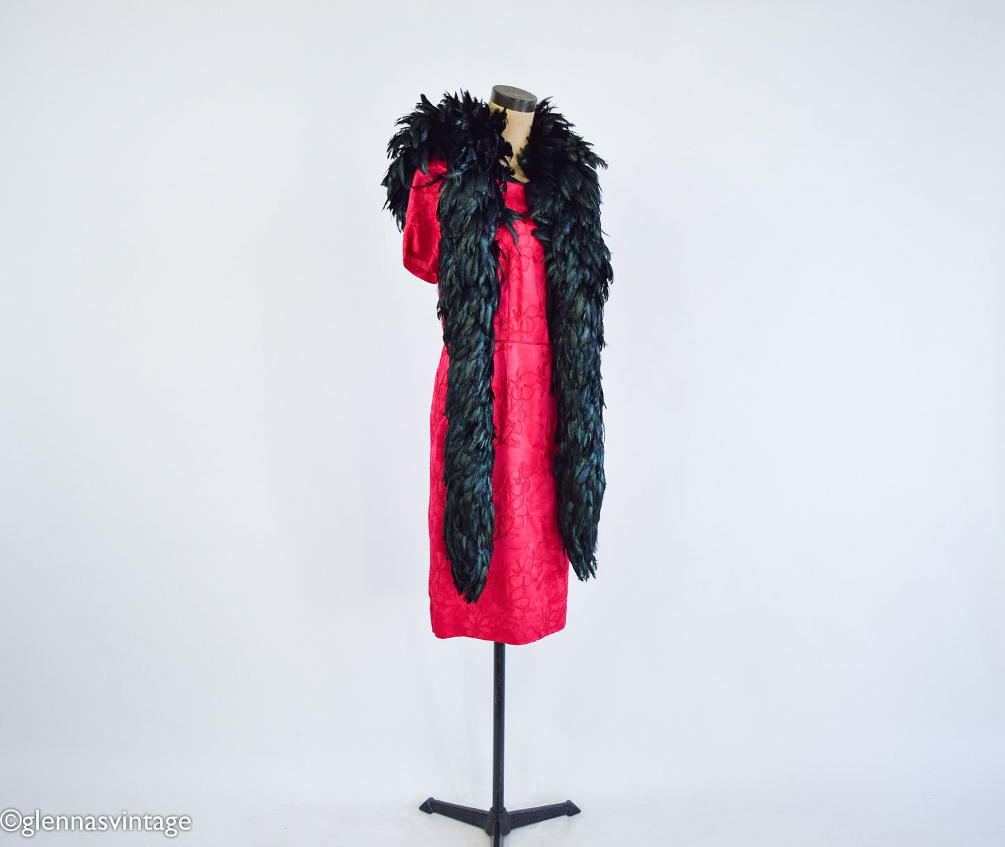 1900s Iridescent Black Feather Boa with Silk Backing and Ties, Edwardian Era Scarf