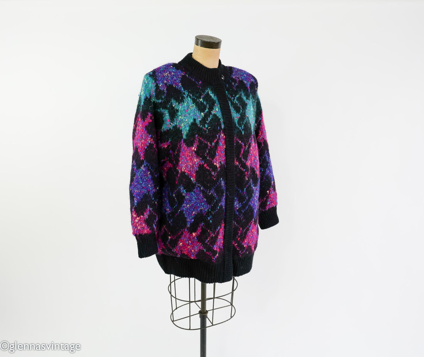 1980s Black Purple Metallic Knit Sweater Jacket, Lily of California, XL