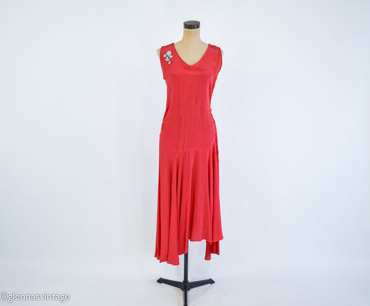 1930s Red Silk Crepe Evening Dress, Gatsby Party Gown, Small