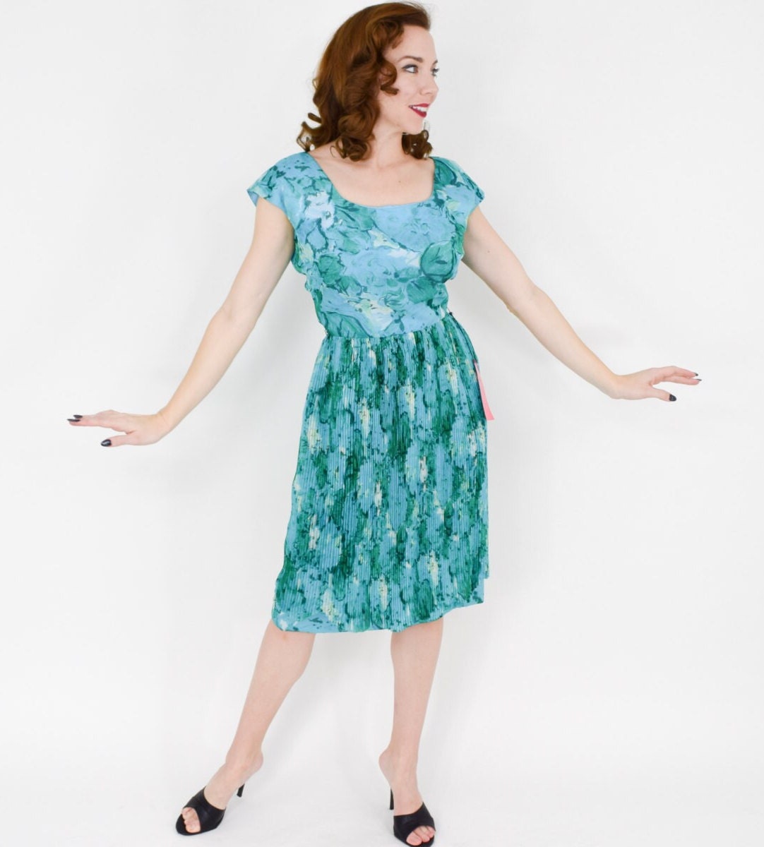 1950s Turquoise Blue Silk Dress, Medium