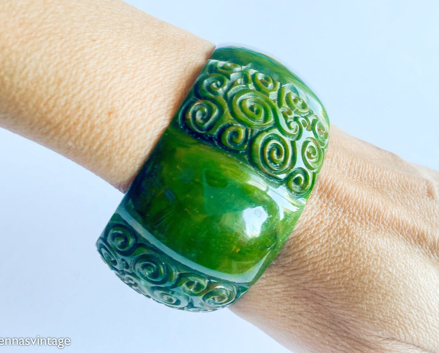 1930s Carved Olive Green Bakelite Bangle | Vintage Wide Bracelet