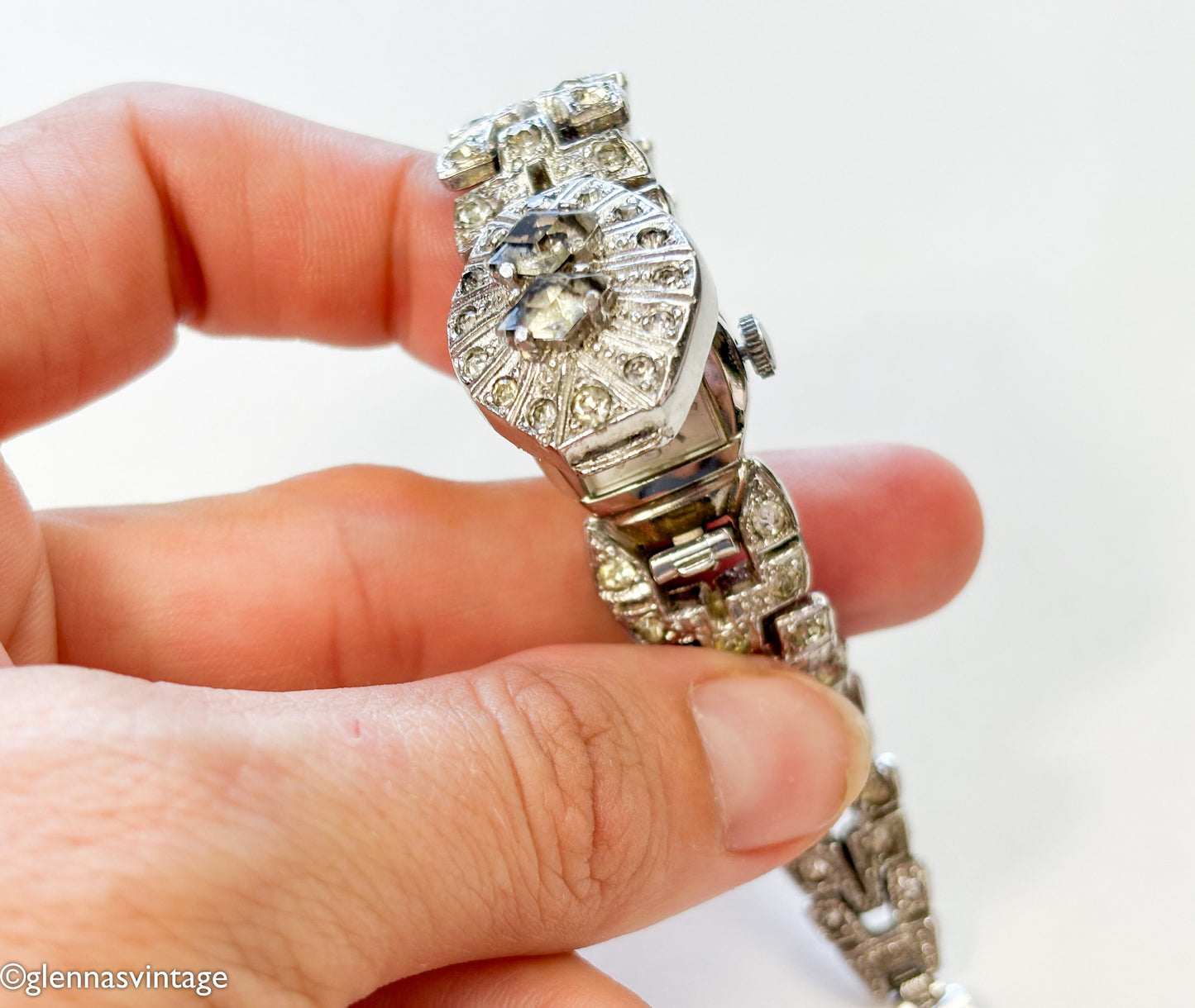 1930s Vintage Rhinestone Watch Bracelet, Art Deco Evening Glamour