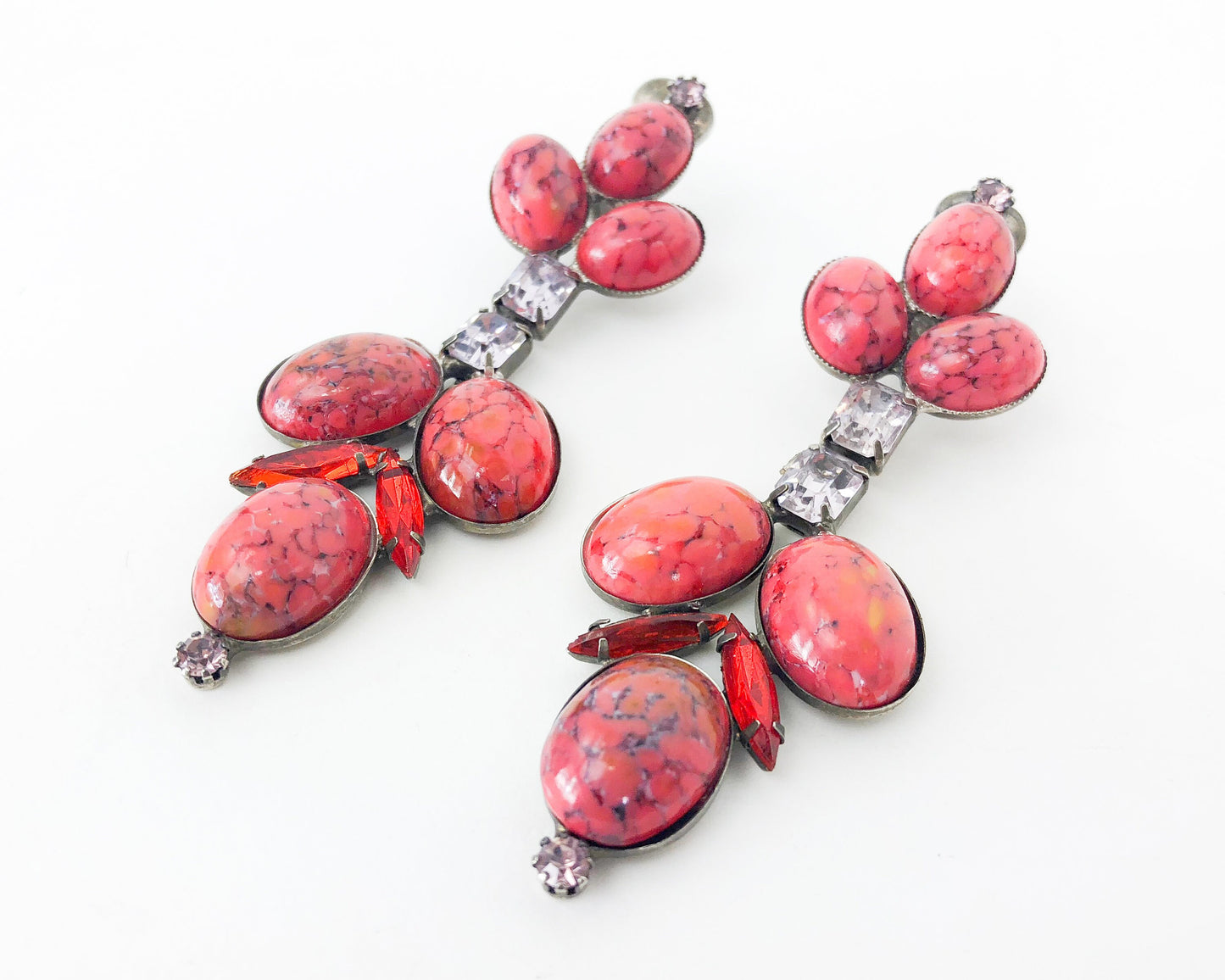1950s Orange Stone & Rhinestone Dangle Earrings, Statement Jewelry