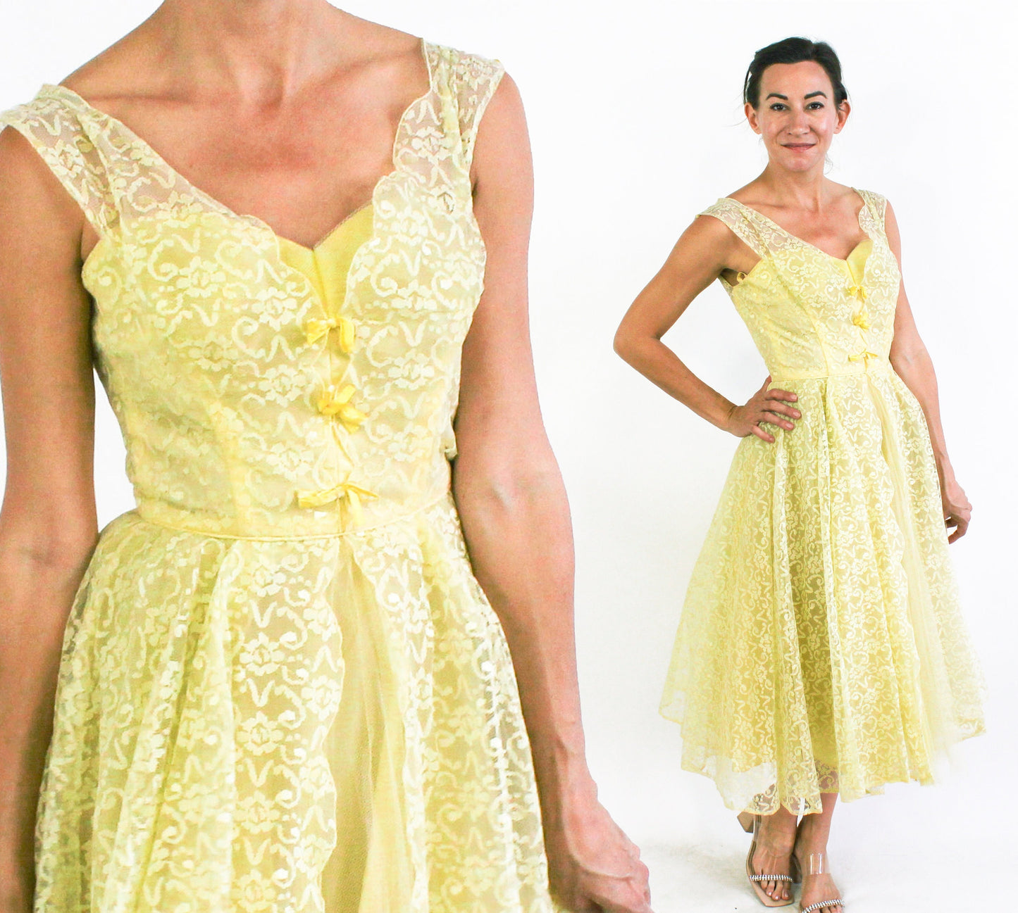 1940s Yellow Lace & Tulle Evening Dress, Extra Small