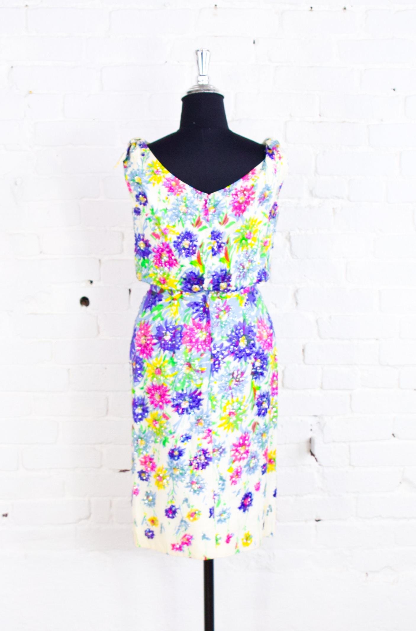 1950s Colorful Floral Sequin Party Dress, Small