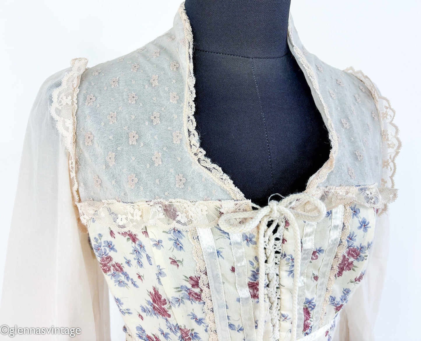 1970s Beige Gunne Sax Floral Maxi Dress, XS