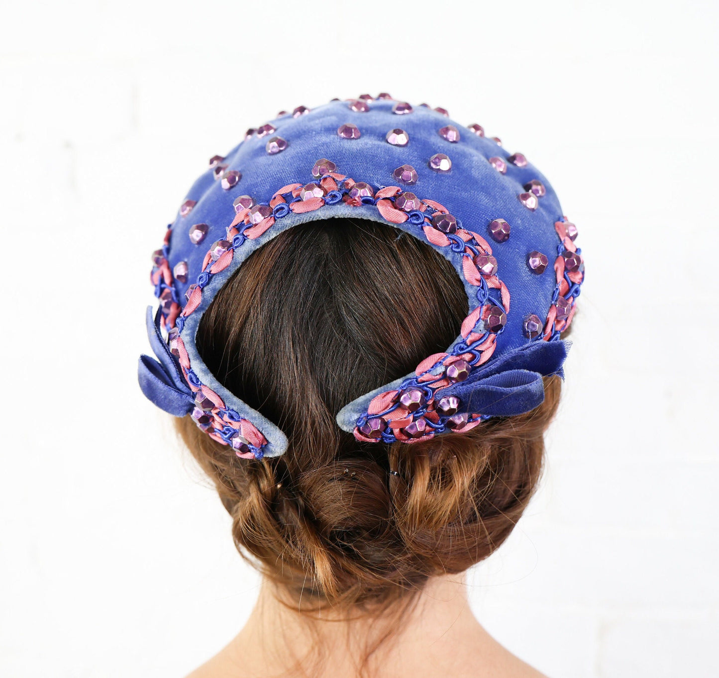1950s Blue Velvet Beaded Fascinator Hat