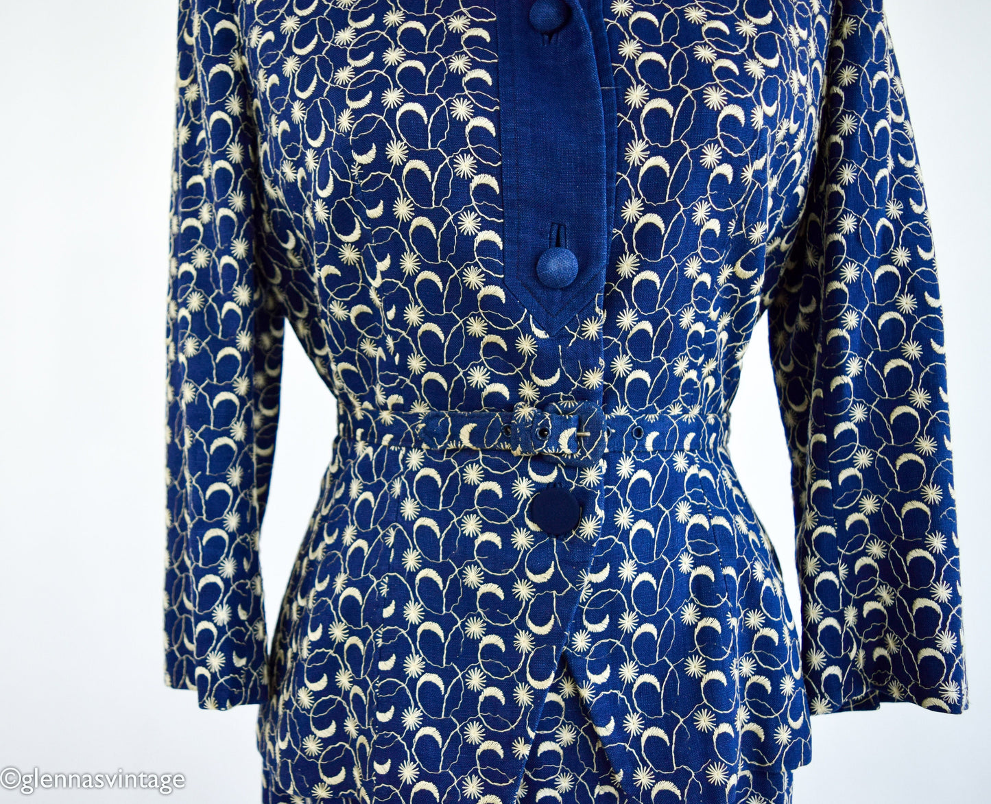 1940s Navy Blue Linen Skirt Suit Set, Medium