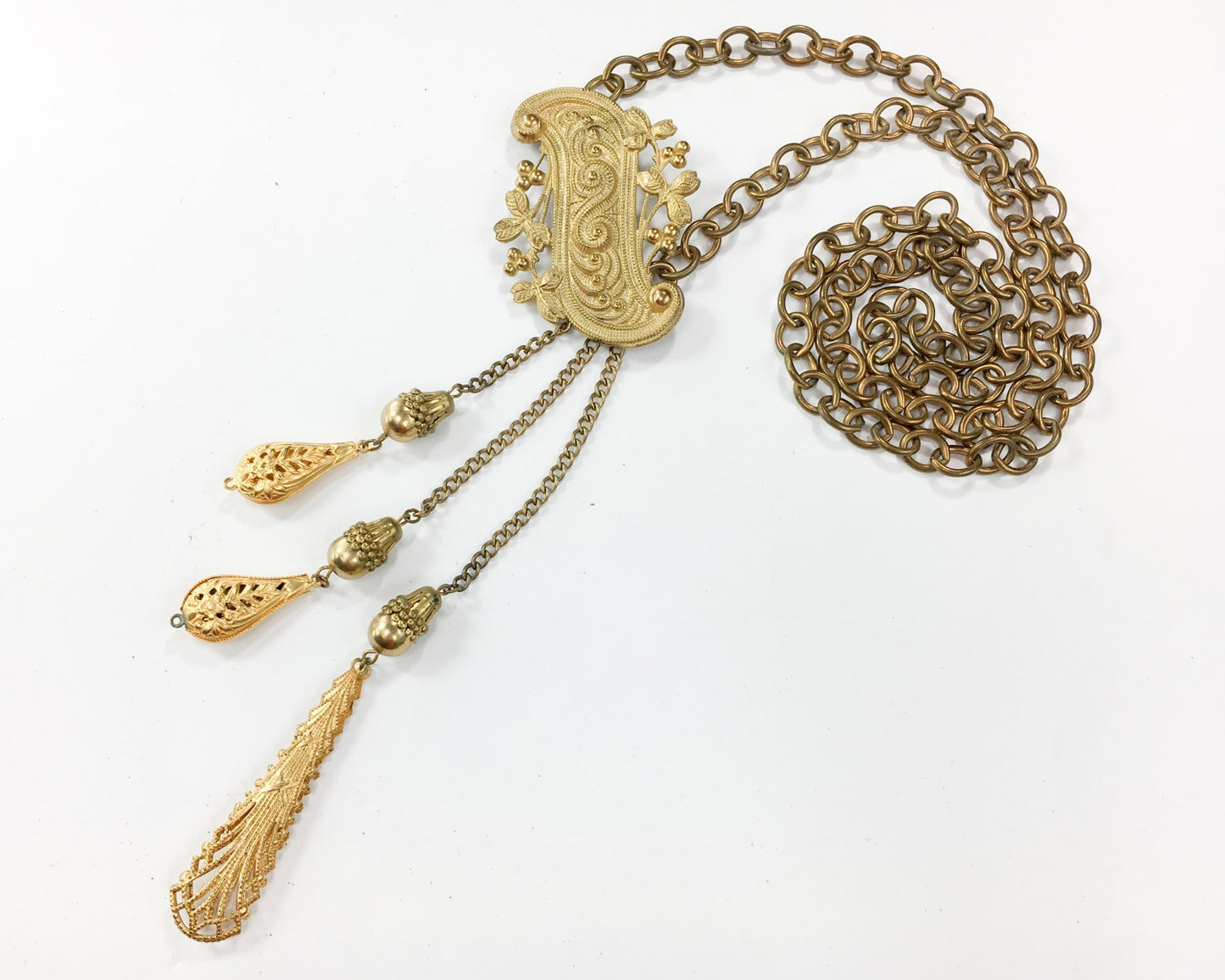 1940s Brass Chain Fur Clip | 40s Long Chain Dress Clip | Gold Chain Necklace