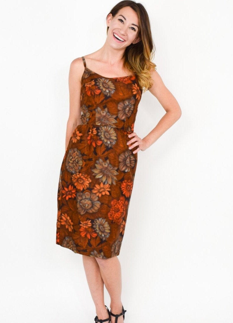 1950s Brown Floral Print Cotton Sheath Dress, Extra Small