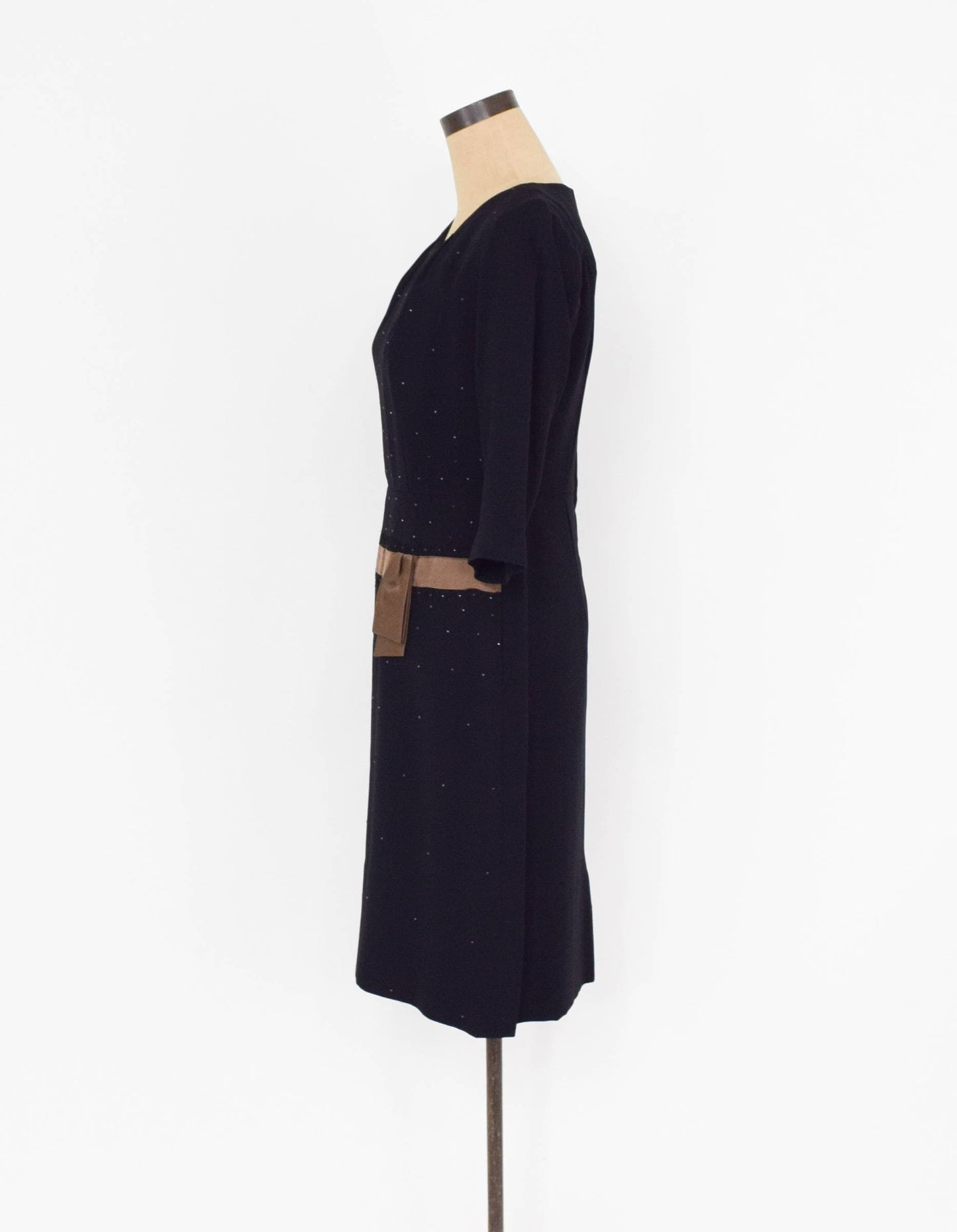 1950s Black & Bronze Crepe Cocktail Dress with Rhinestone Detail, Alan Peck, Medium