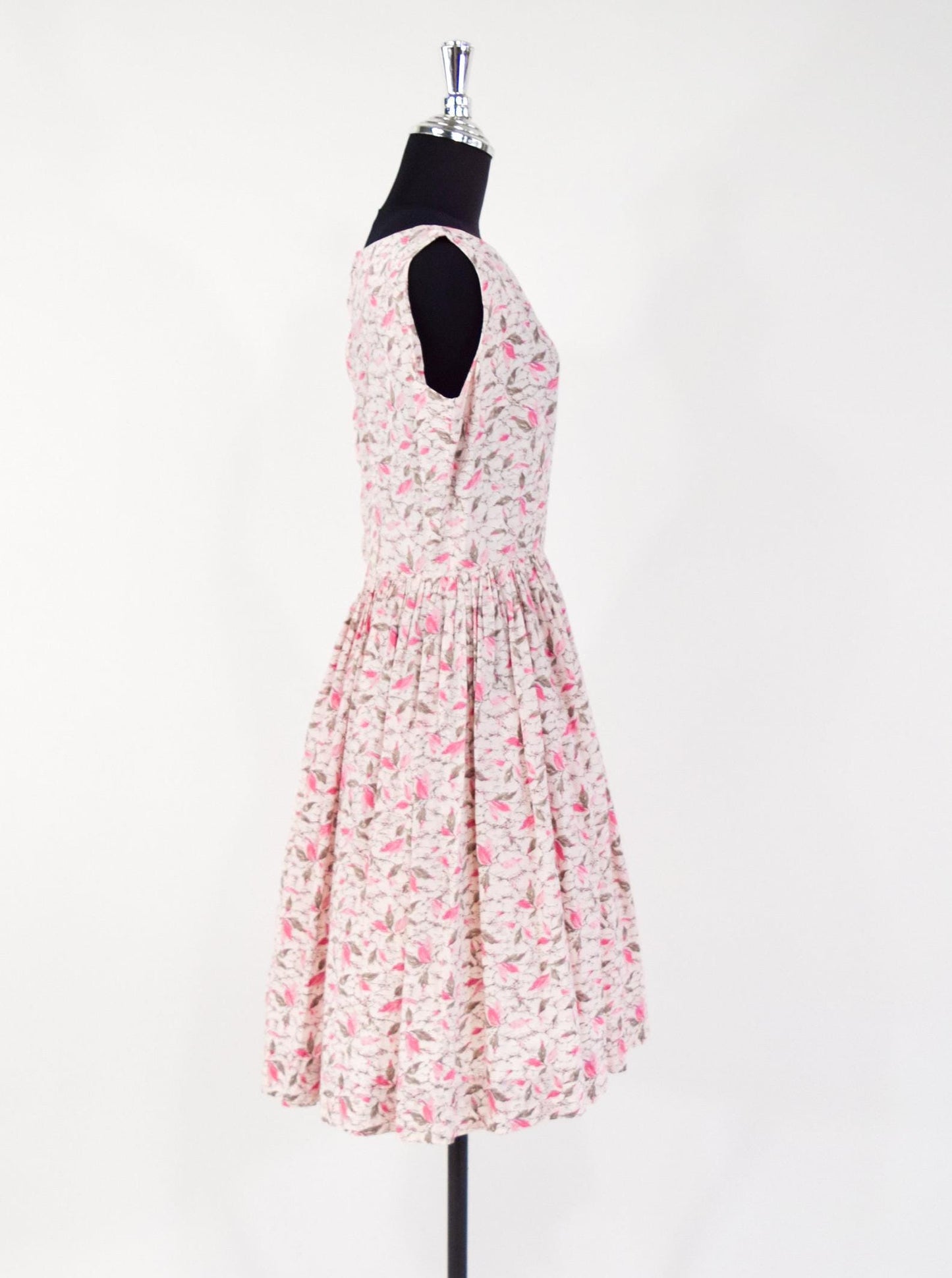 1950s Pink Floral Print Rayon Day Dress, Medium