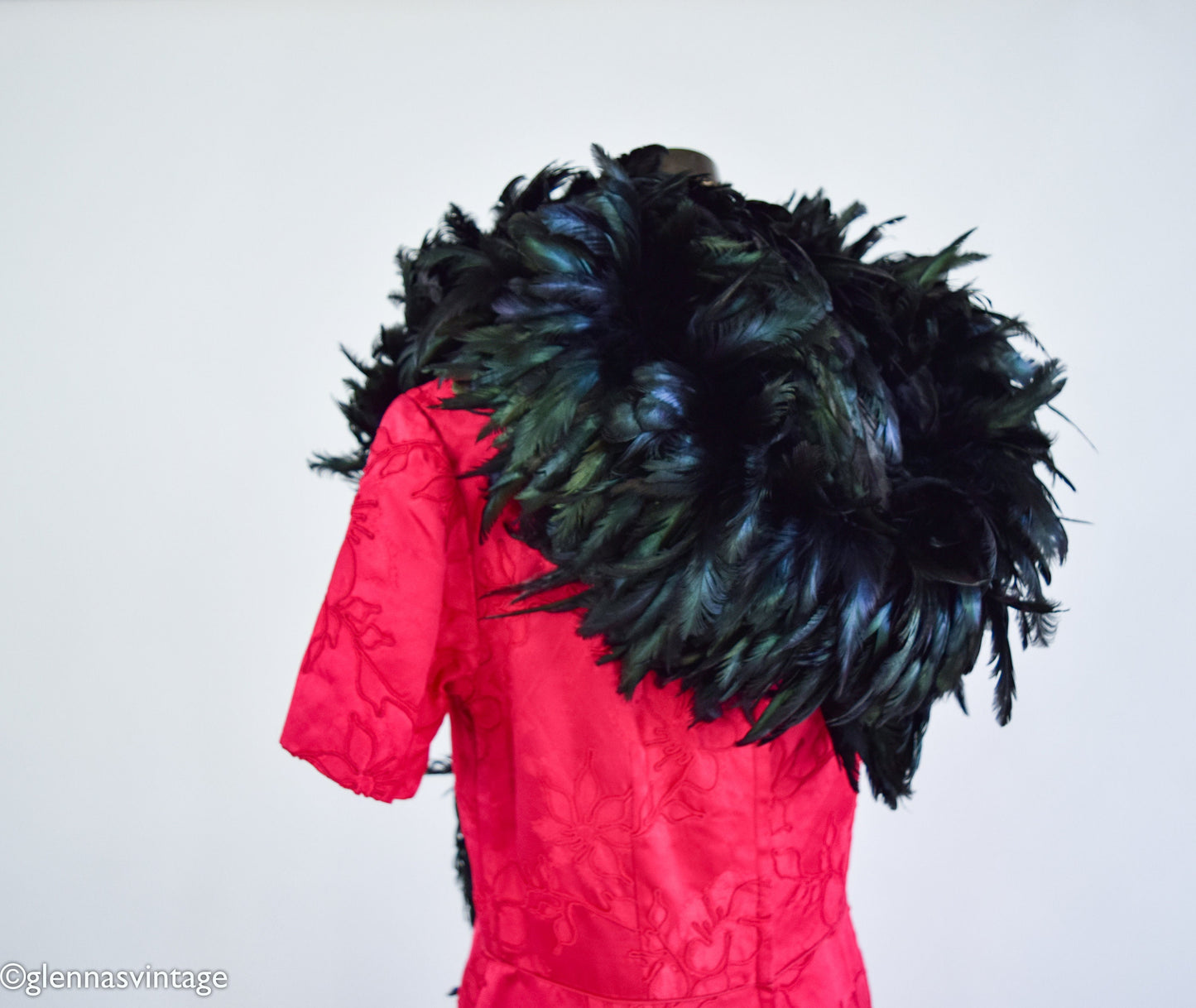 1900s Iridescent Black Feather Boa with Silk Backing and Ties, Edwardian Era Scarf