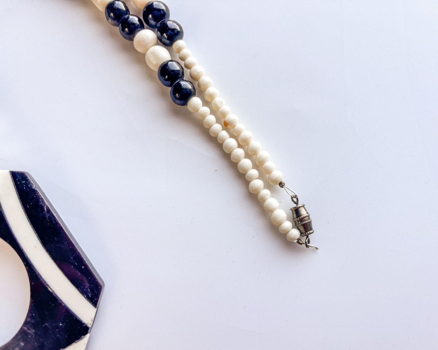 1970s Op Art Necklace | Black & White Wood Bead Plastic Pendant
