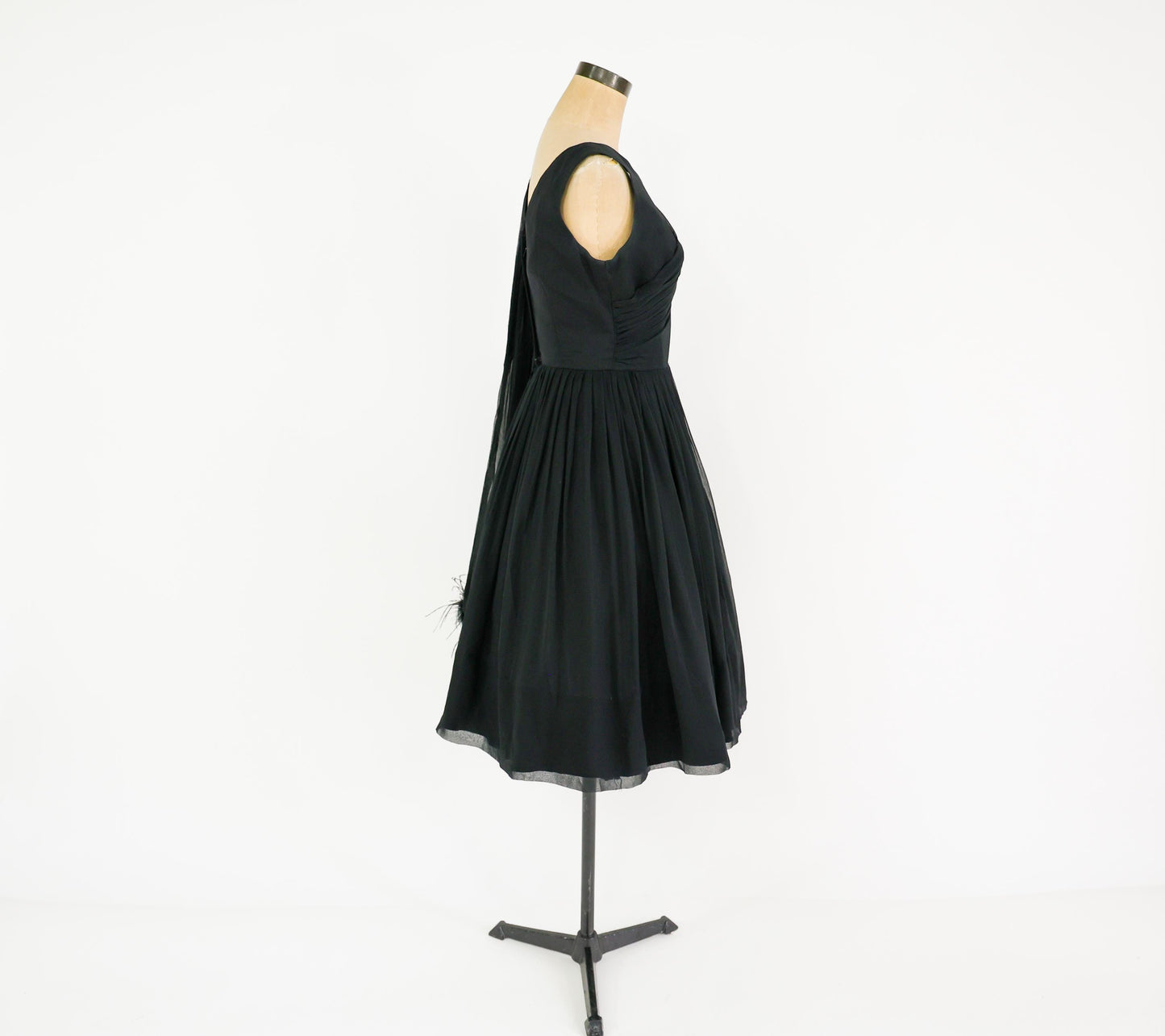 1950s Feather Sash Black Silk Cocktail Gown, Small