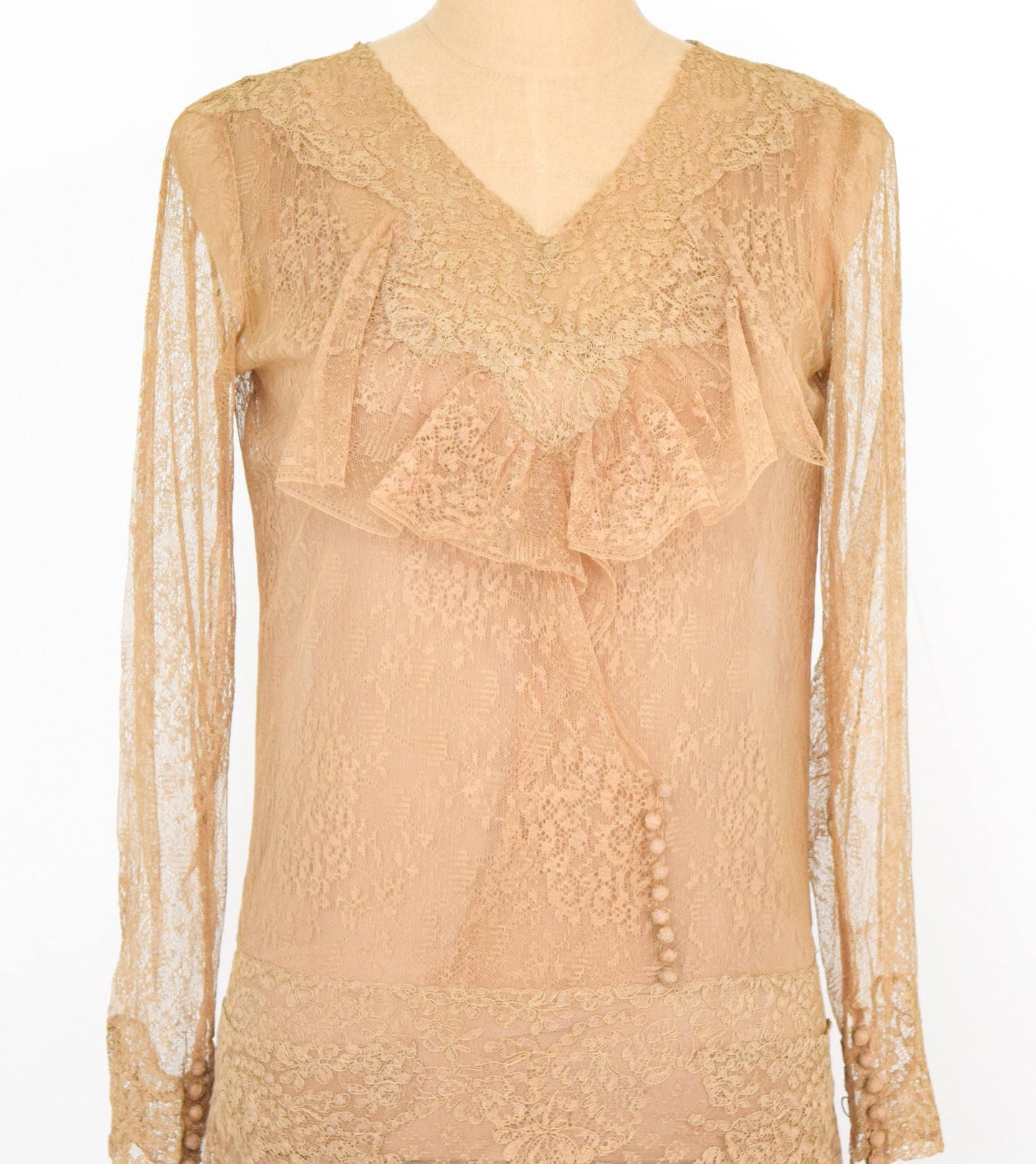 1920s Beige Lace & Silk Flapper Dress, Extra Small