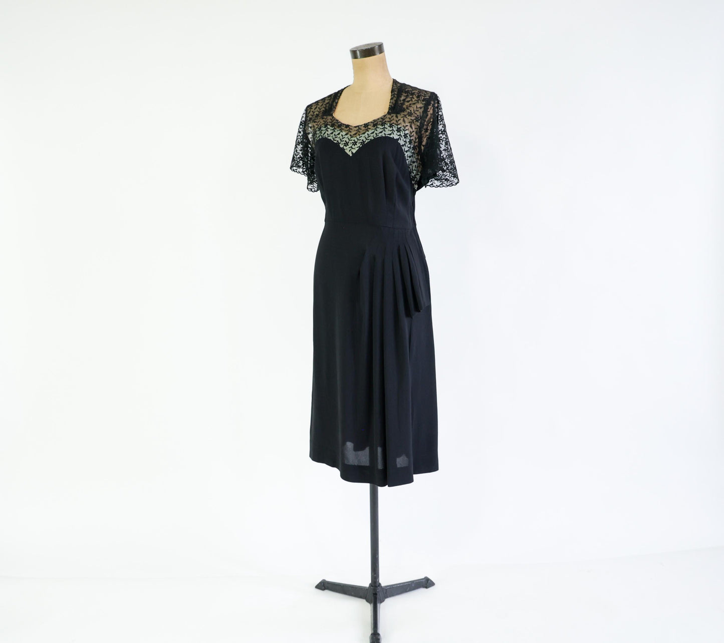 1940s Black Lace Crepe Dress, 34" Waist
