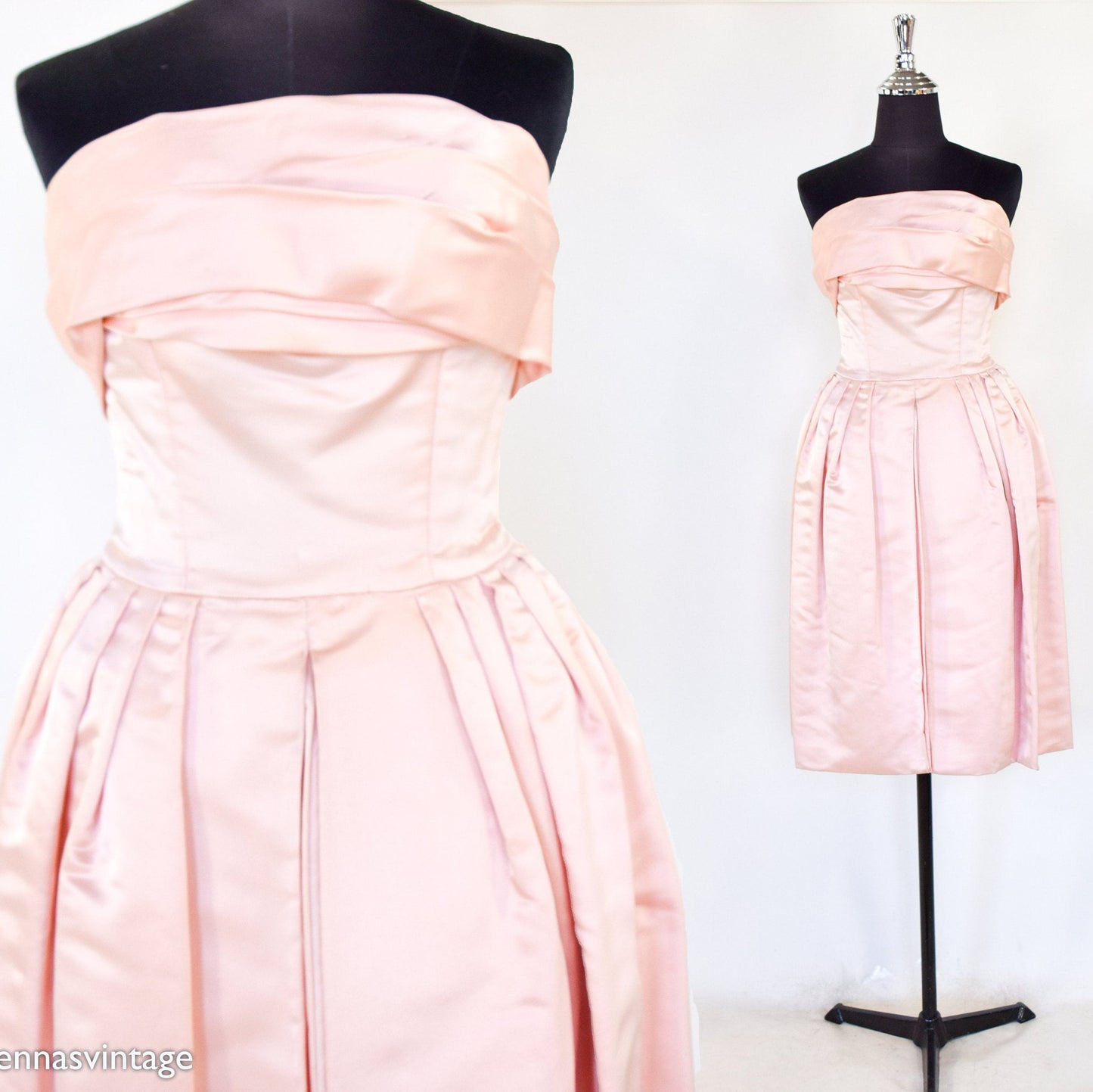 1950s Pink Satin Strapless Prom Party Dress, Extra Small