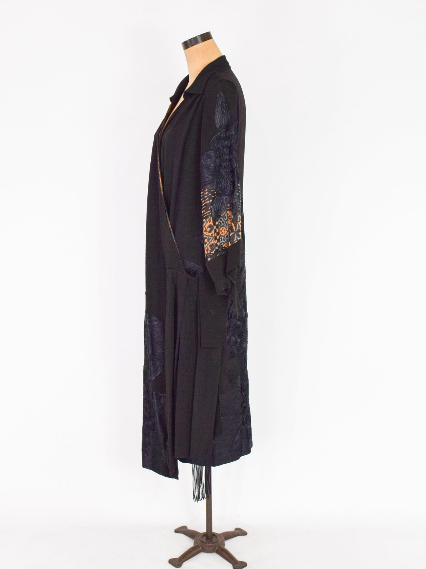1900s Black Embroidered Crepe Wrap Dress, Downton Abbey Style, Large
