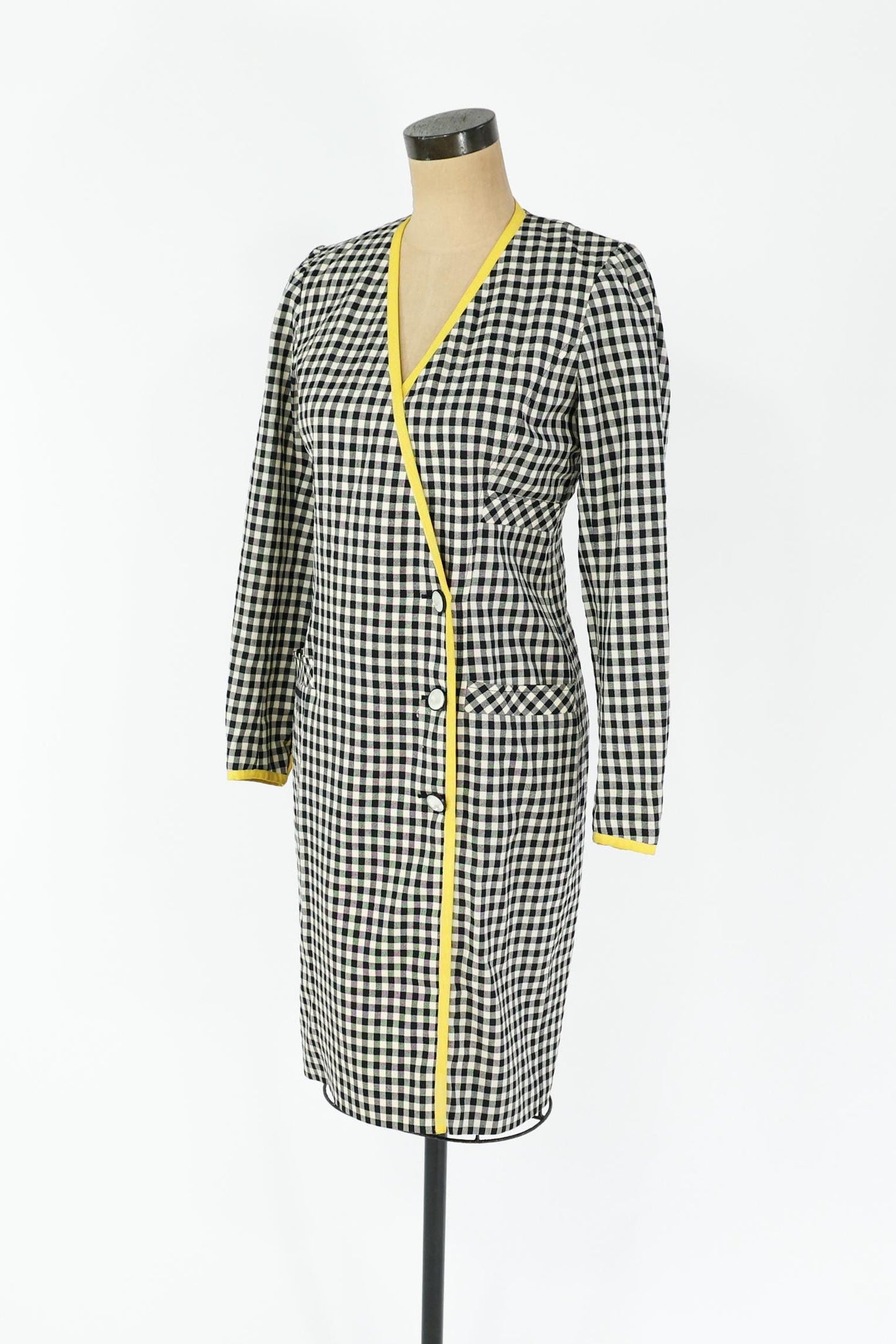 1980s Ungaro Black White Checked Wool Dress, Small