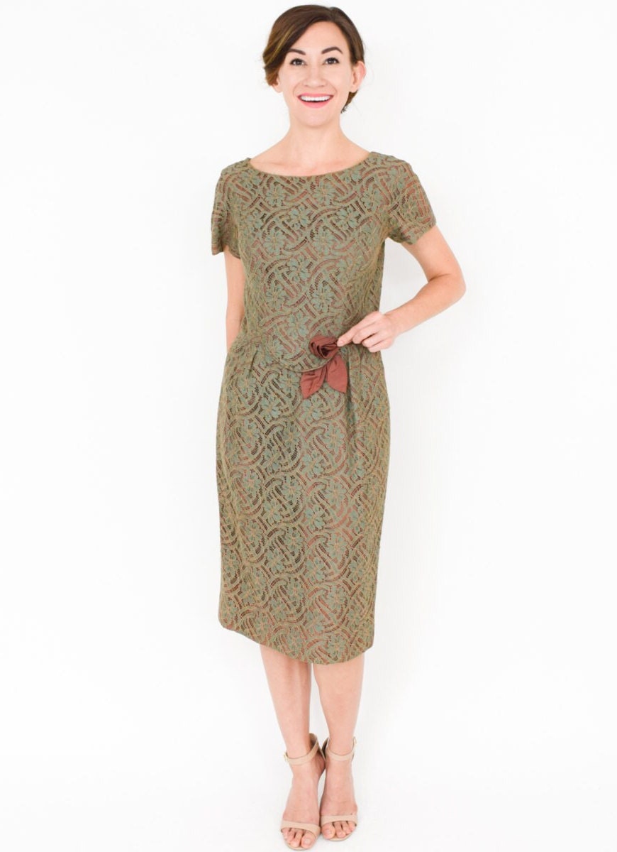 1950s Olive Green Lace Cocktail Dress, Medium
