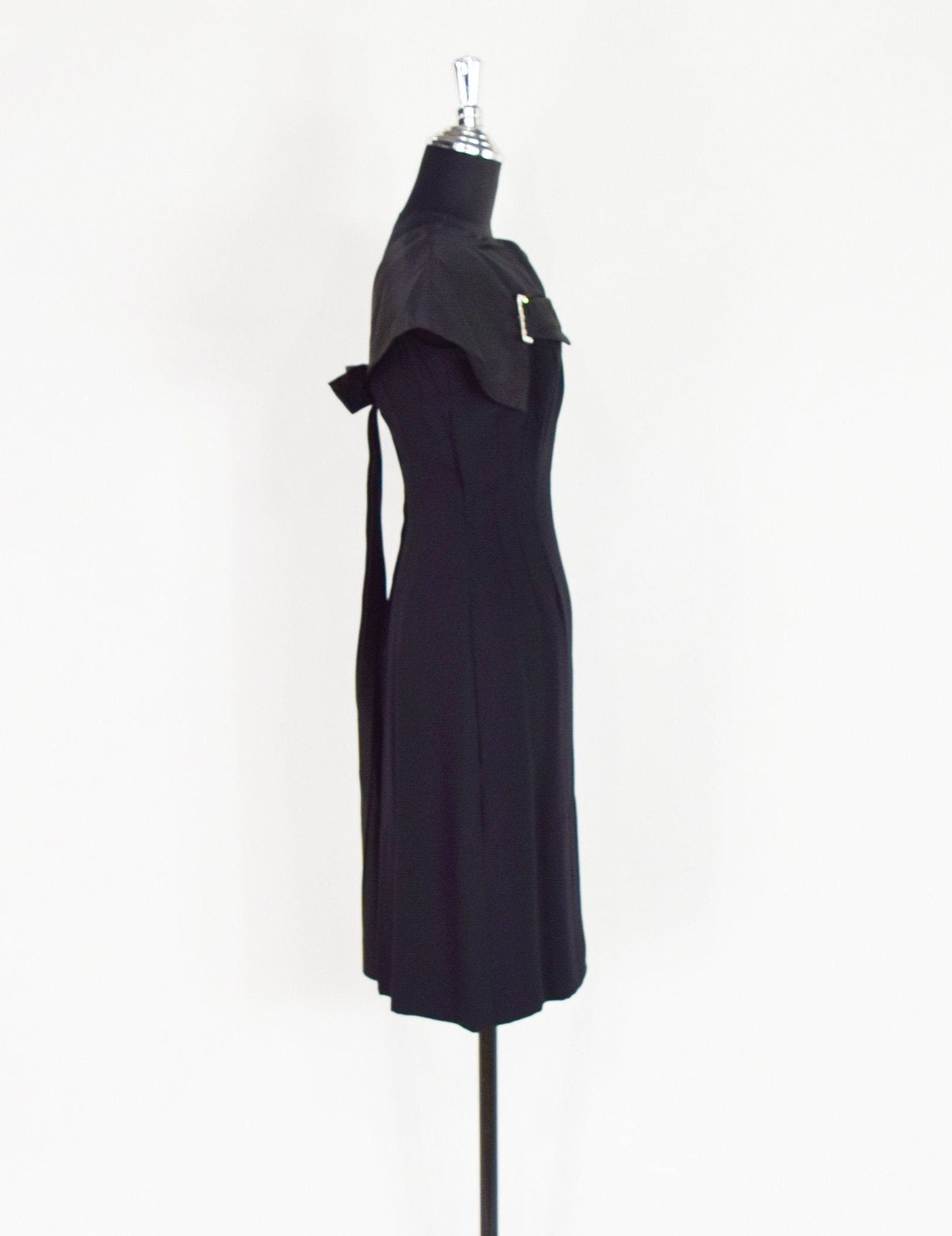 1950s Black Wool Crepe Sheath with Satin Collar, Small