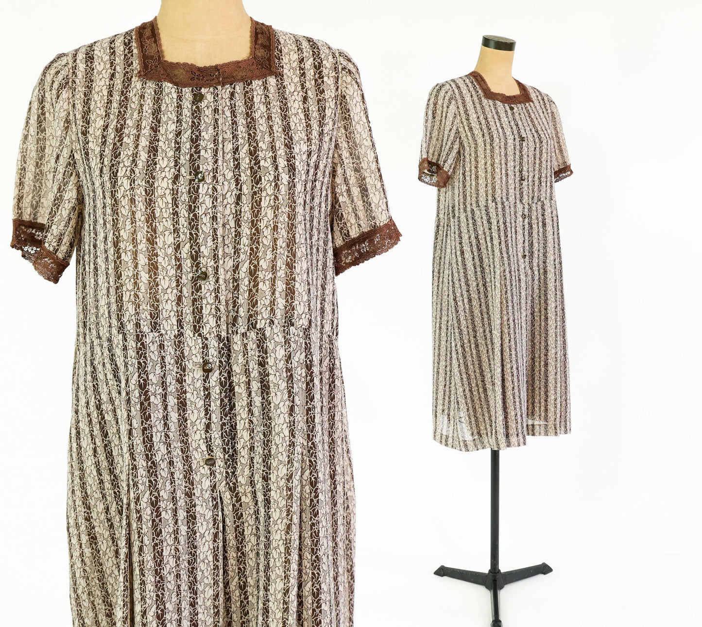 1940s Brown Striped Day Dress, Extra Large