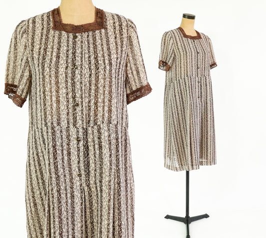 1940s Brown Striped Day Dress, Extra Large