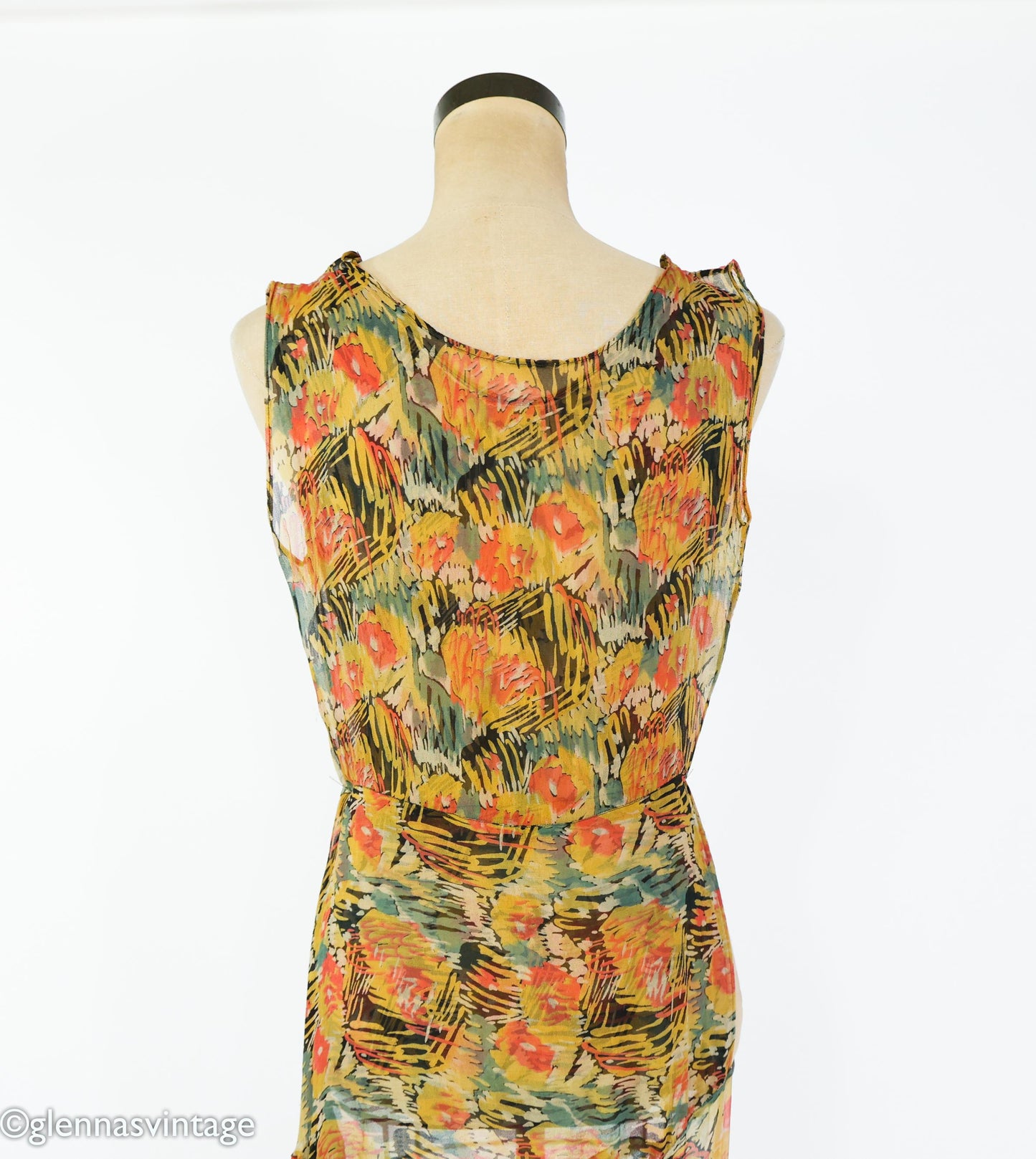 1930s Floral Print Silk Chiffon Dress with Asymmetrical Hem, Extra Small