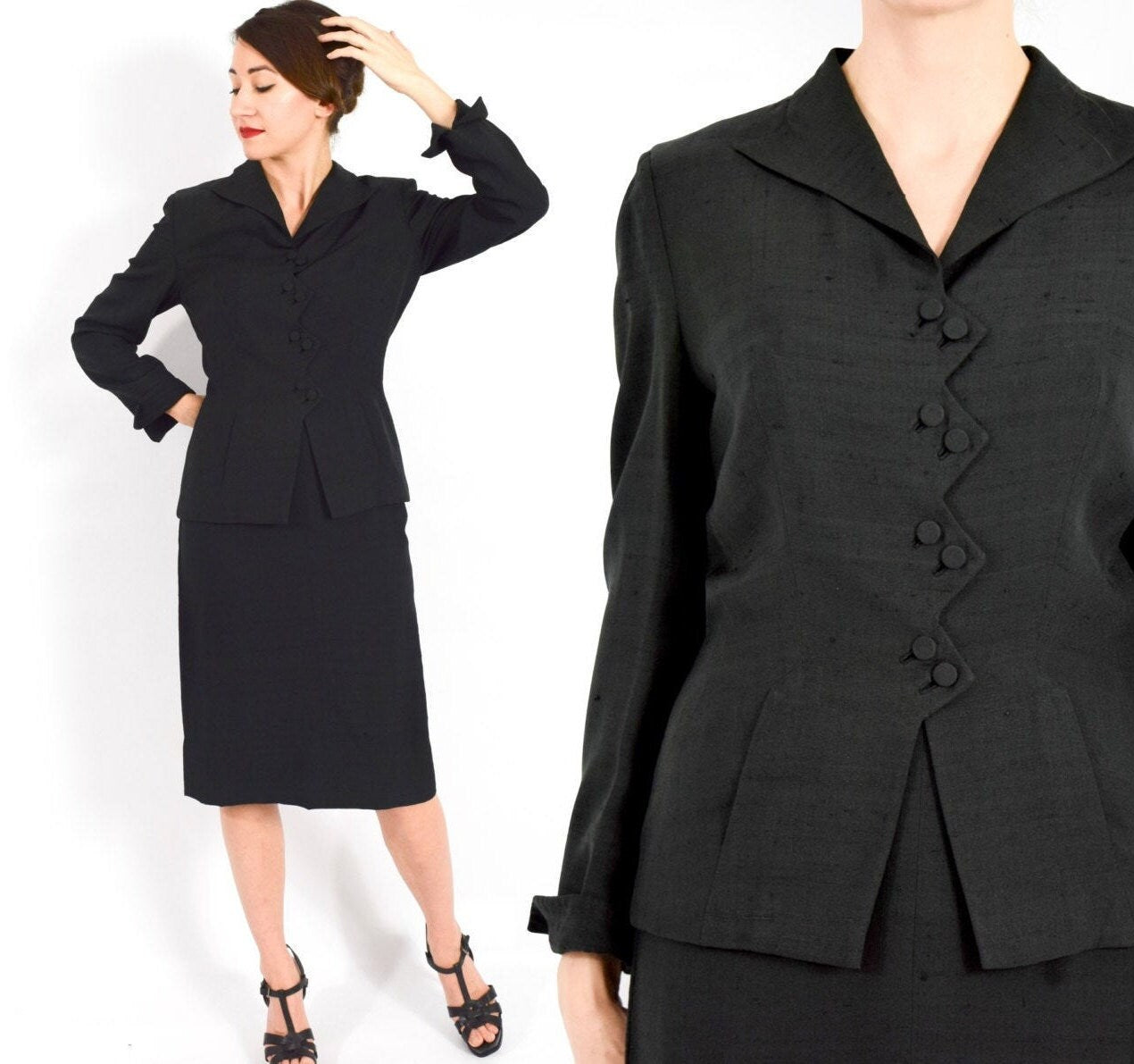 1950s Black Rayon Suit | 50s Black Jacket & Pencil Skirt | Chai Bo Originals | Small