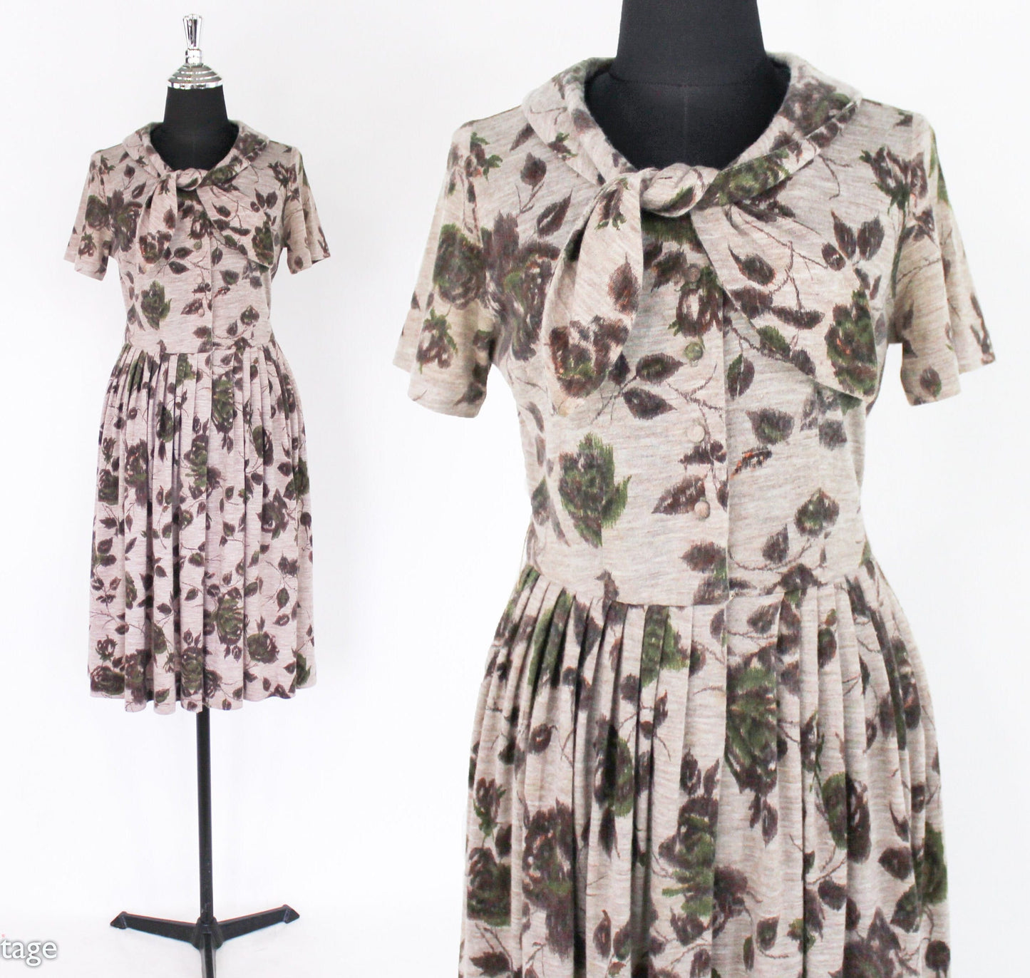 1950s Beige & Brown Floral Print Wool Dress, Small