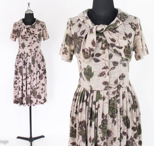 1950s Beige & Brown Floral Print Wool Dress, Small