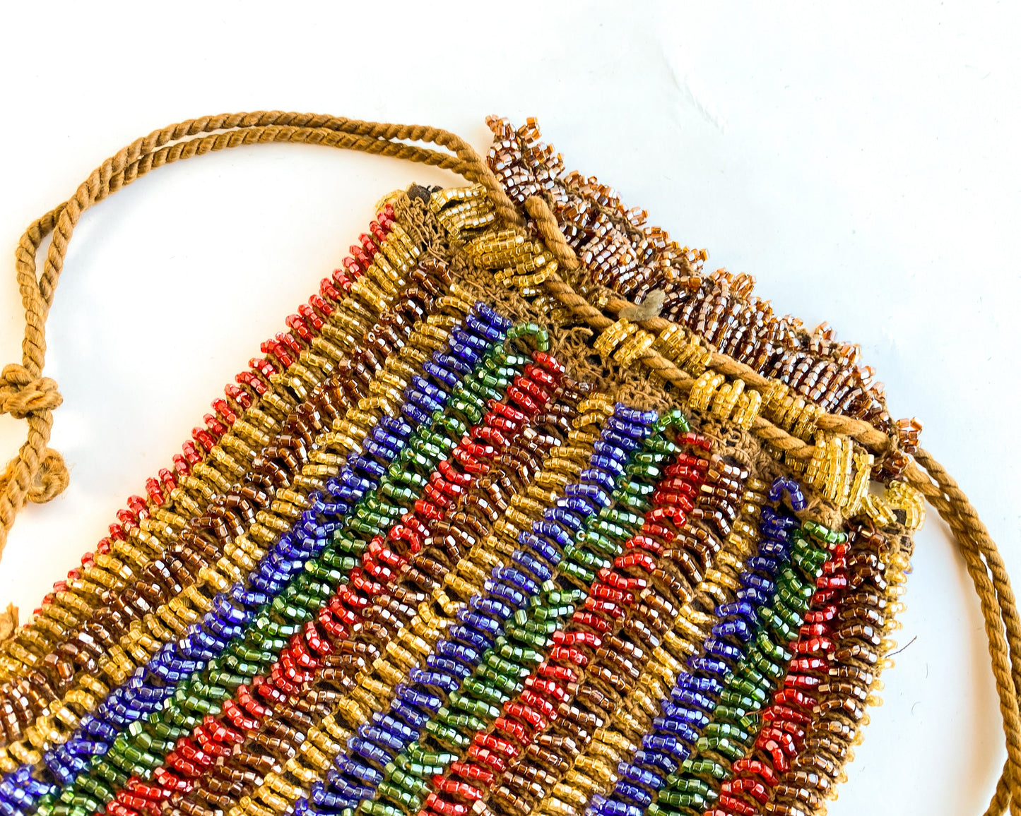 1900s Gold Striped Beaded Handbag | Red & Gold Beaded Stripe Pouch Bag | Downtown Abby