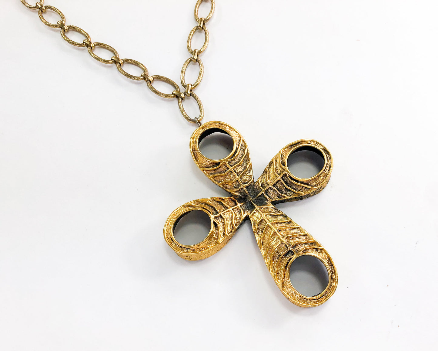 1970s Tortoloni Gold Cross Pendant Necklace | Brushed Metal Boho