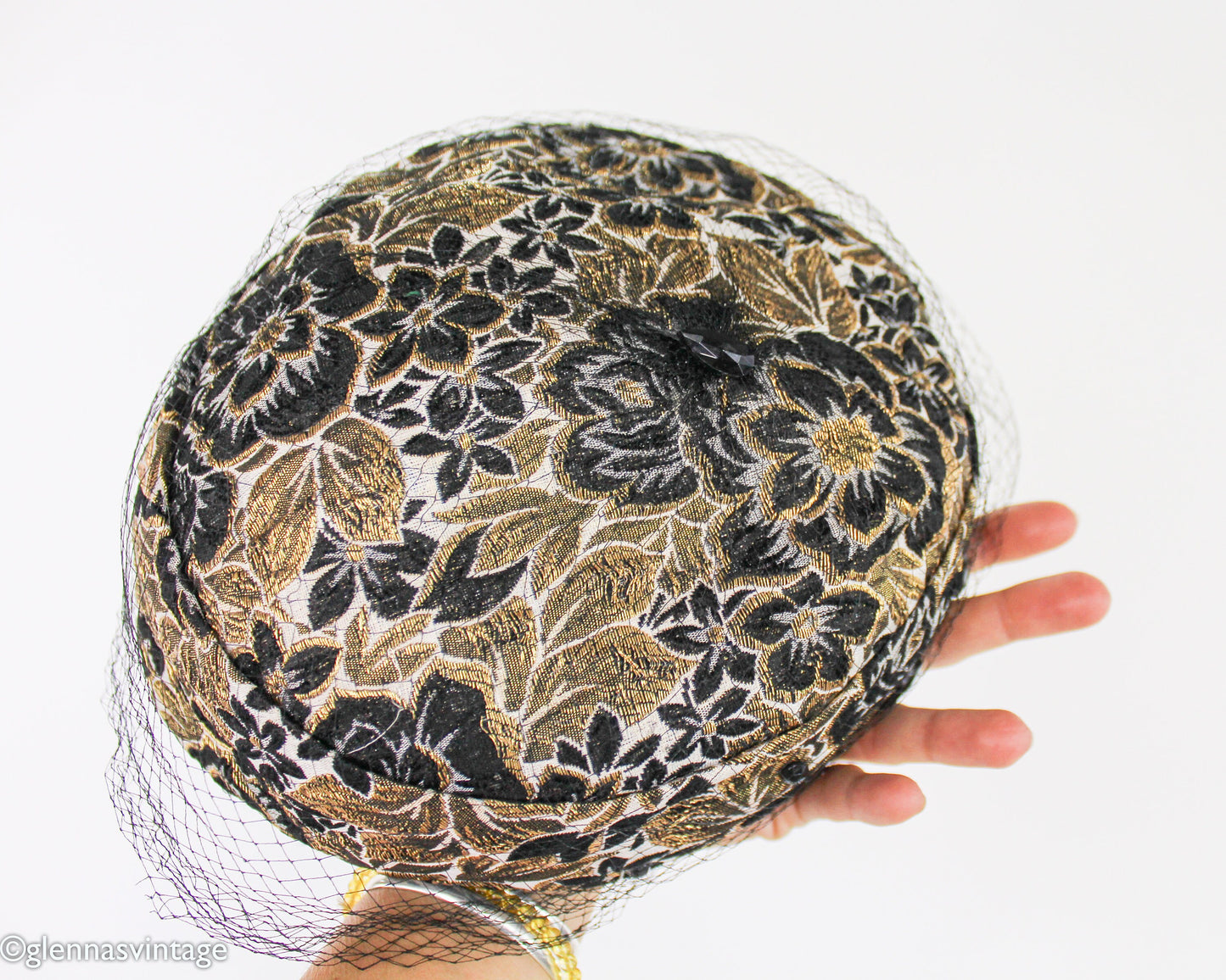 Vintage 1950s Black & Gold Brocade Pillbox Hat | Mr. Mac, Jackie O Style
