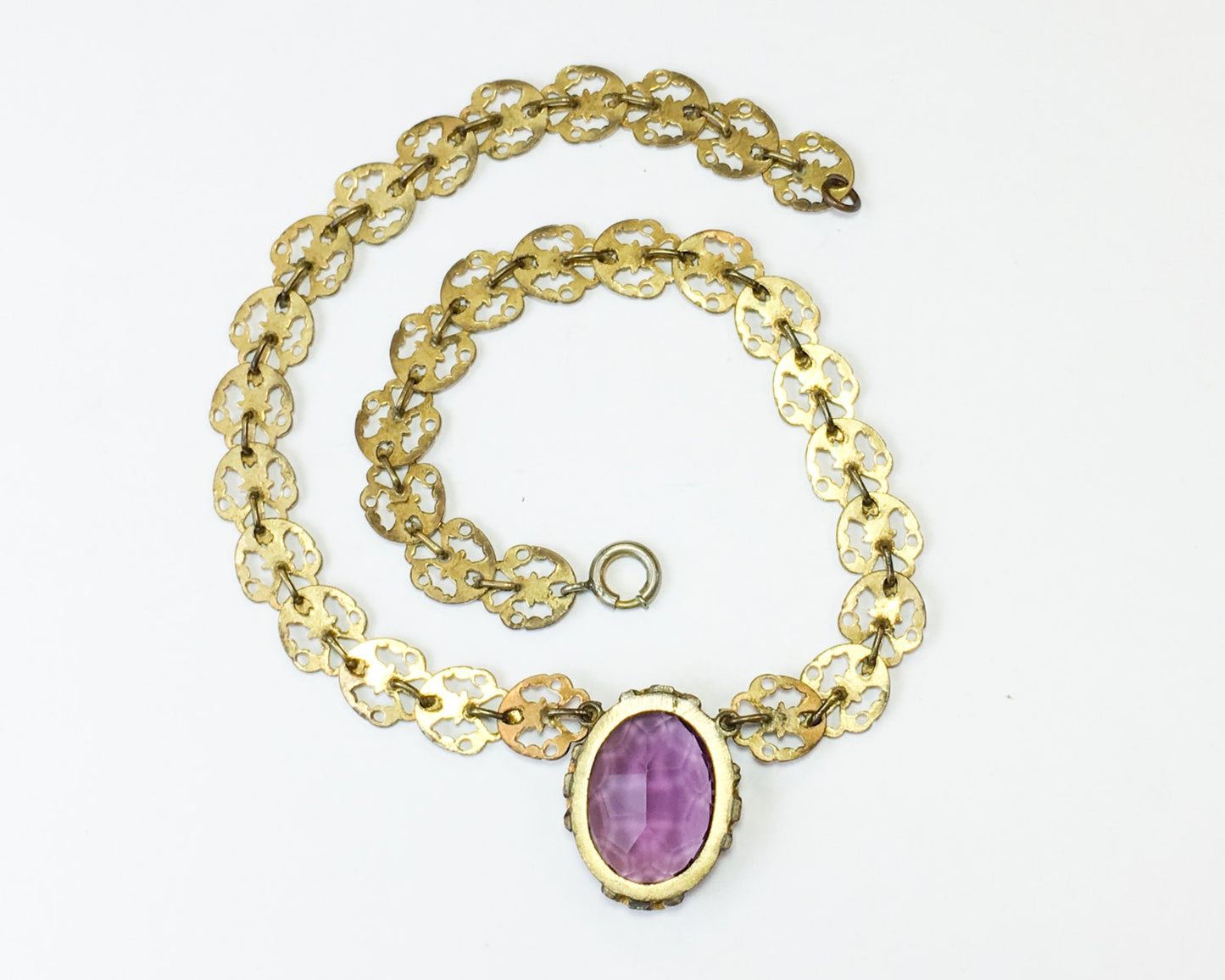 1930s Filigree Necklace | Gold & Purple Glass Pendant